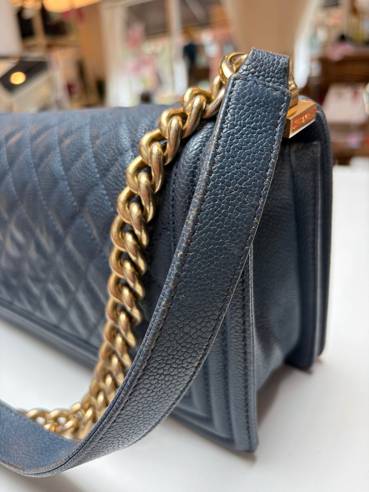 Chanel Blue Jean Caviar Leather Medium Boy Bag Gold Hardware