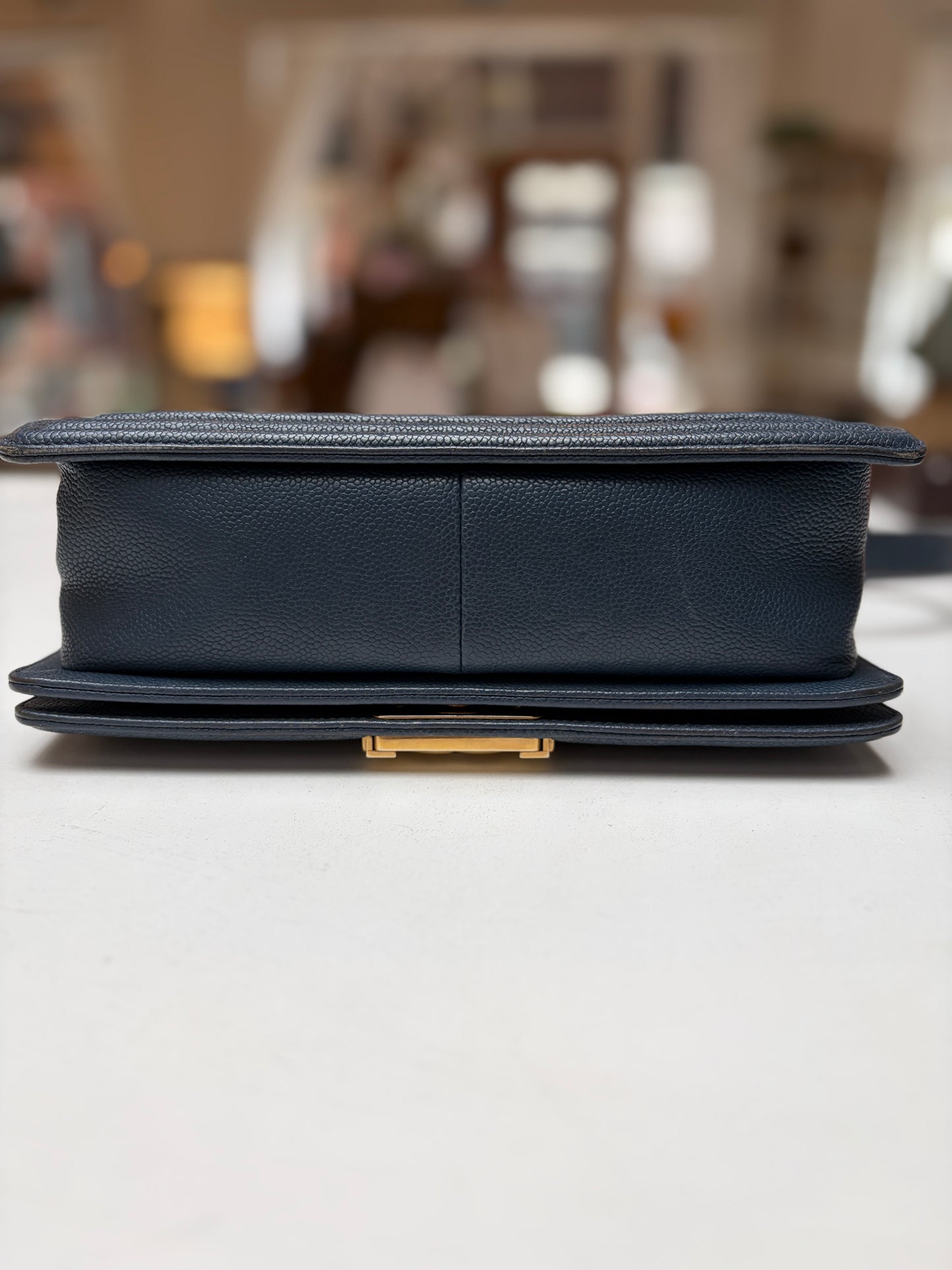 Chanel Blue Jean Caviar Leather Medium Boy Bag Gold Hardware