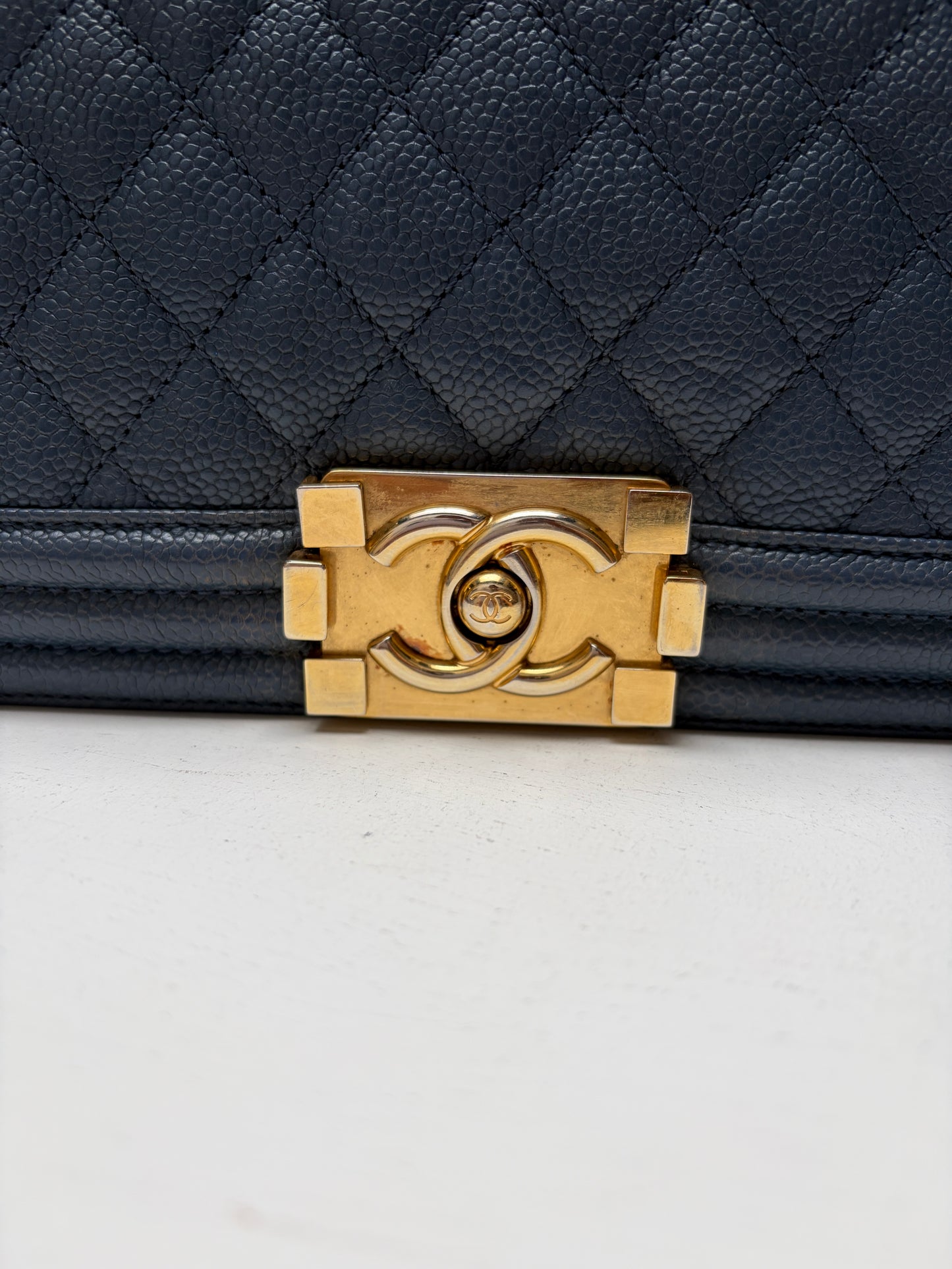 Chanel Blue Jean Caviar Leather Medium Boy Bag Gold Hardware