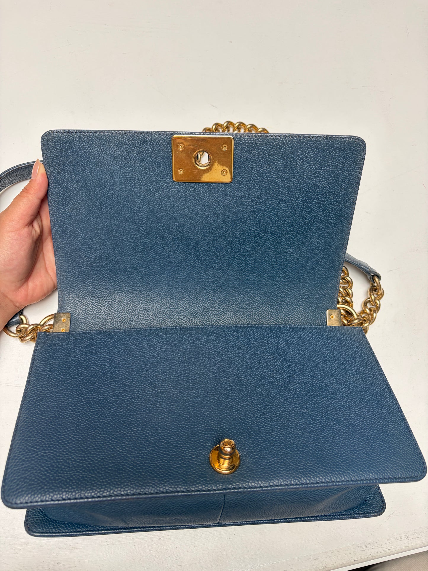 Chanel Blue Jean Caviar Leather Medium Boy Bag Gold Hardware