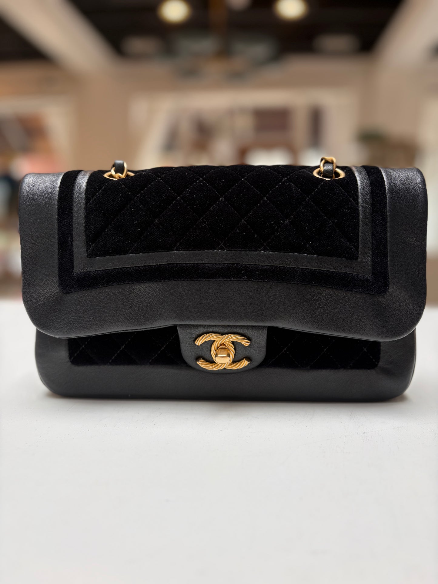 Chanel Paris Mademoiselle Black Metallic Lambskin Velvet Gold Hardware