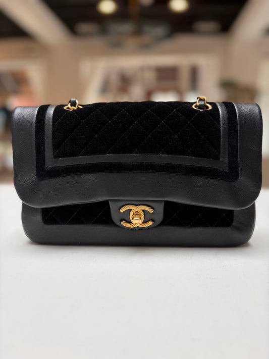 Chanel Paris Mademoiselle Black Metallic Lambskin Velvet Gold Hardware