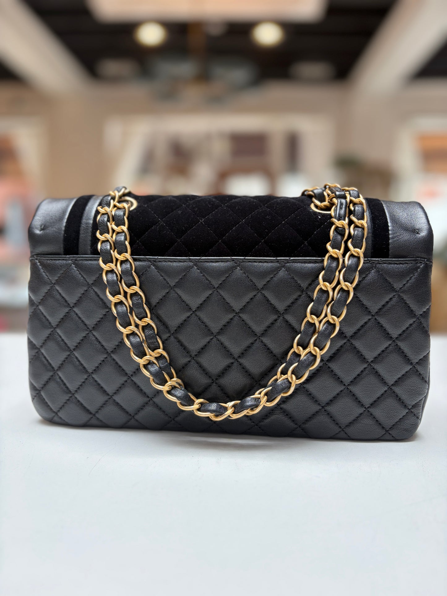 Chanel Paris Mademoiselle Black Metallic Lambskin Velvet Gold Hardware