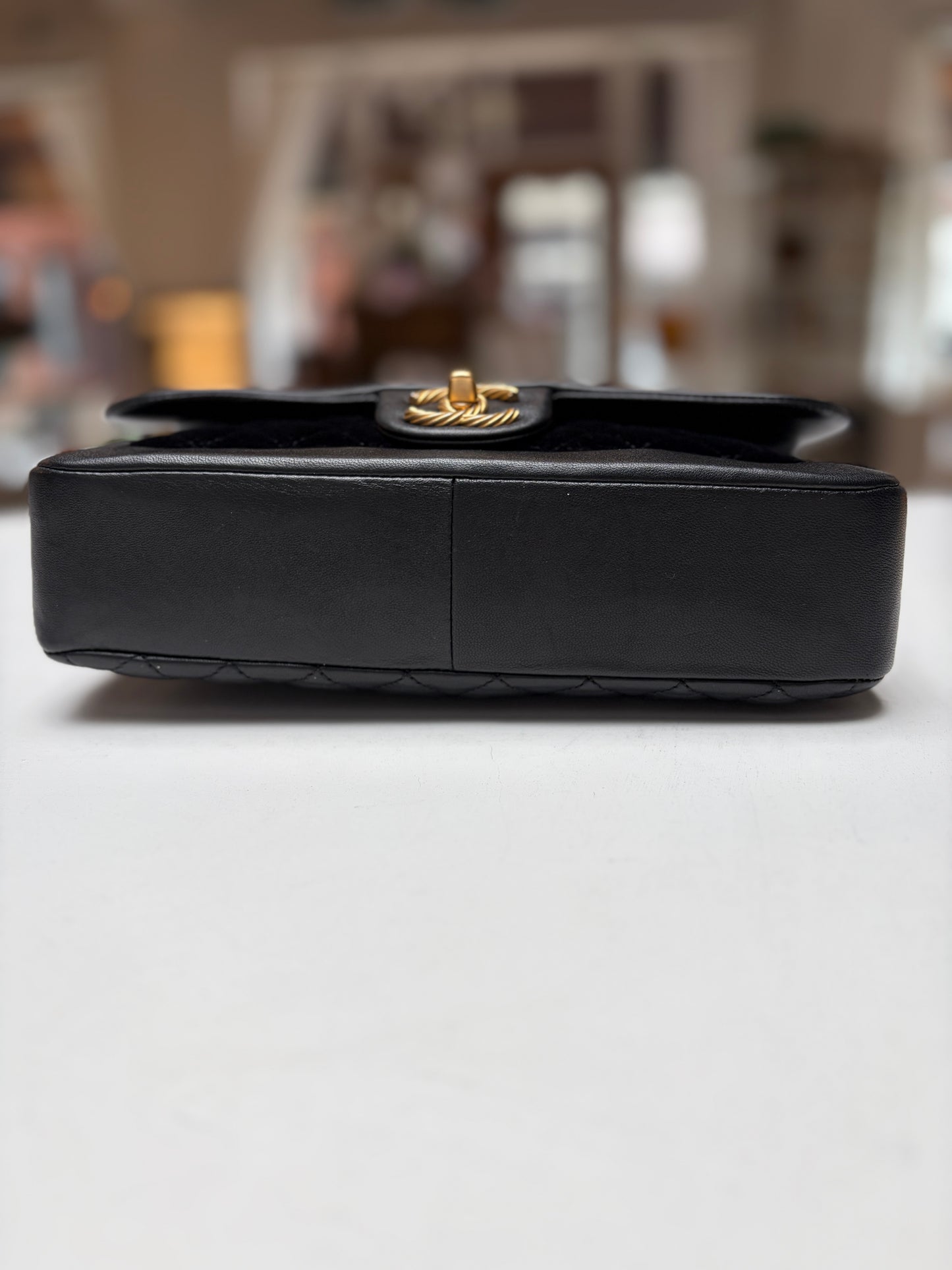 Chanel Paris Mademoiselle Black Metallic Lambskin Velvet Gold Hardware