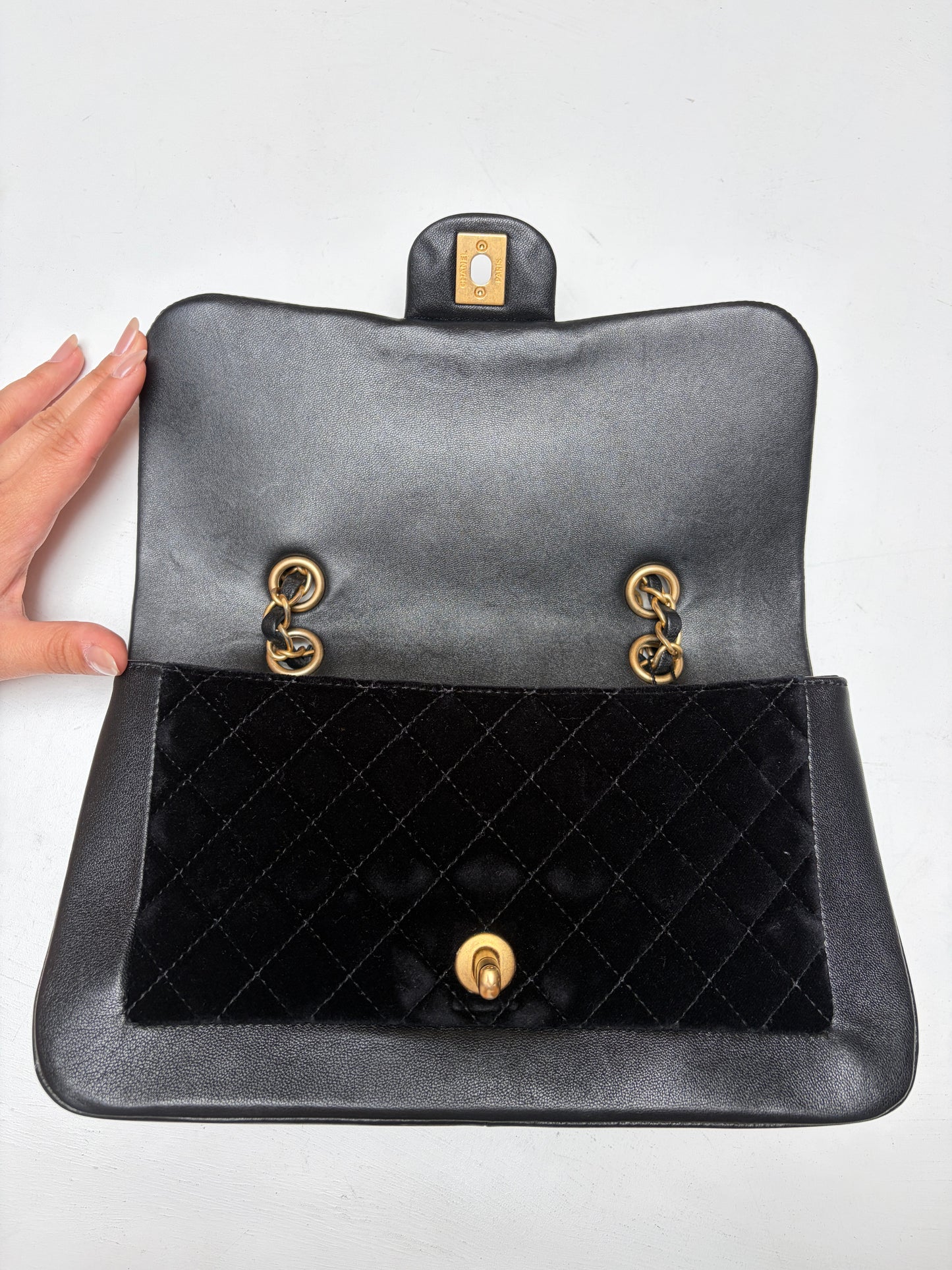 Chanel Paris Mademoiselle Black Metallic Lambskin Velvet Gold Hardware