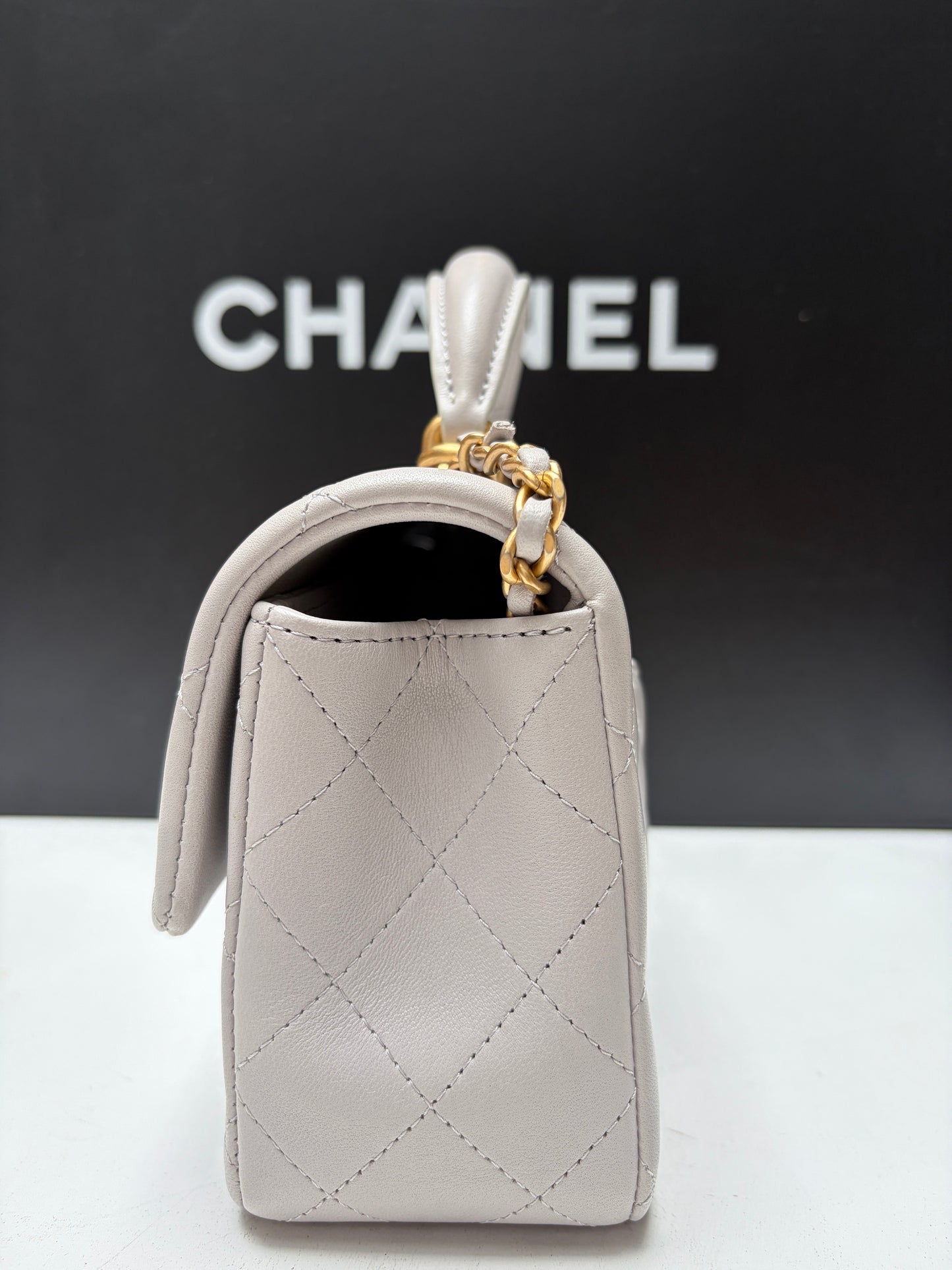Chanel Light Grey Mini Flap COCO Mademoiselle Gold Hardware