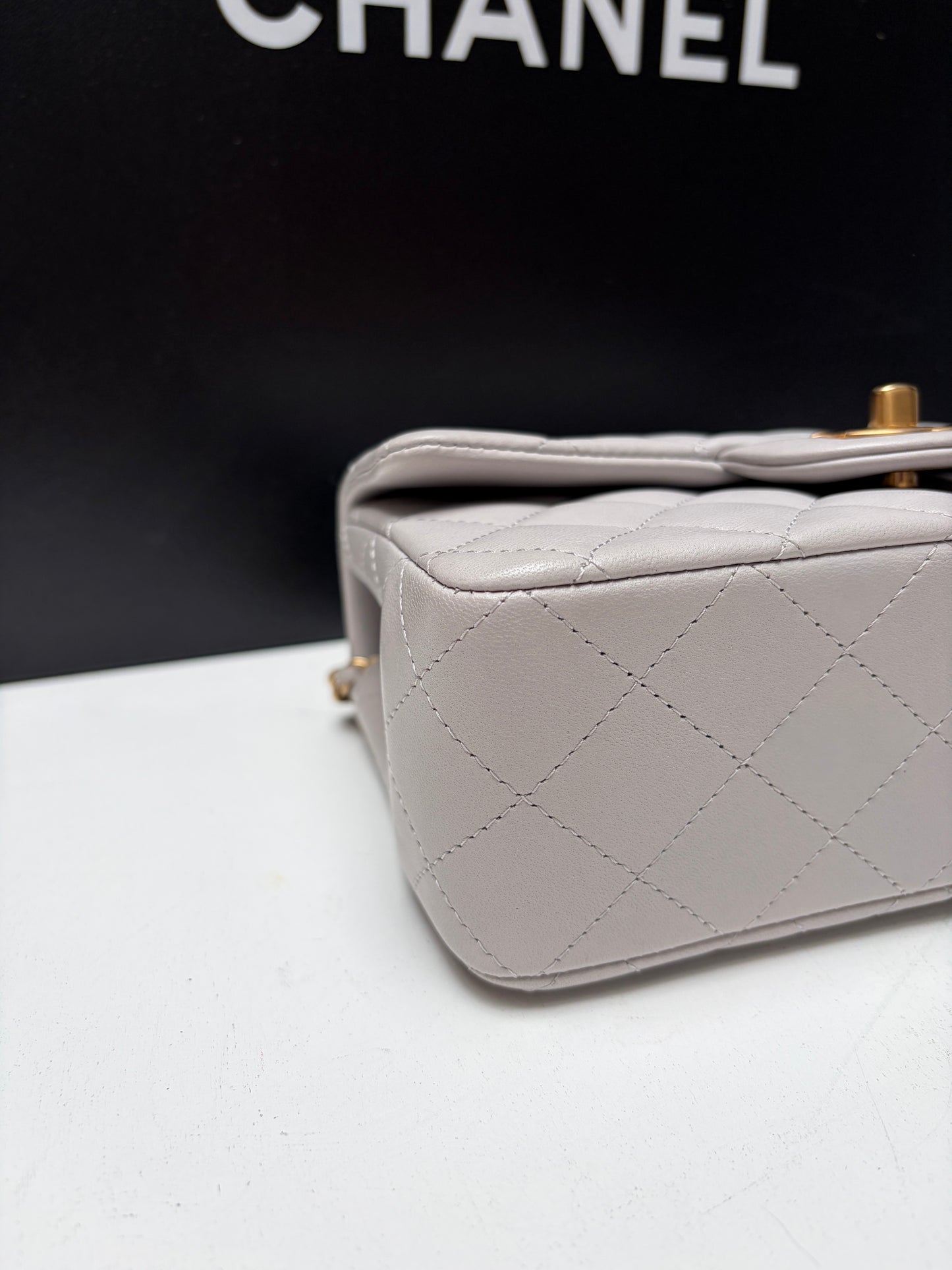 Chanel Light Grey Mini Flap COCO Mademoiselle Gold Hardware