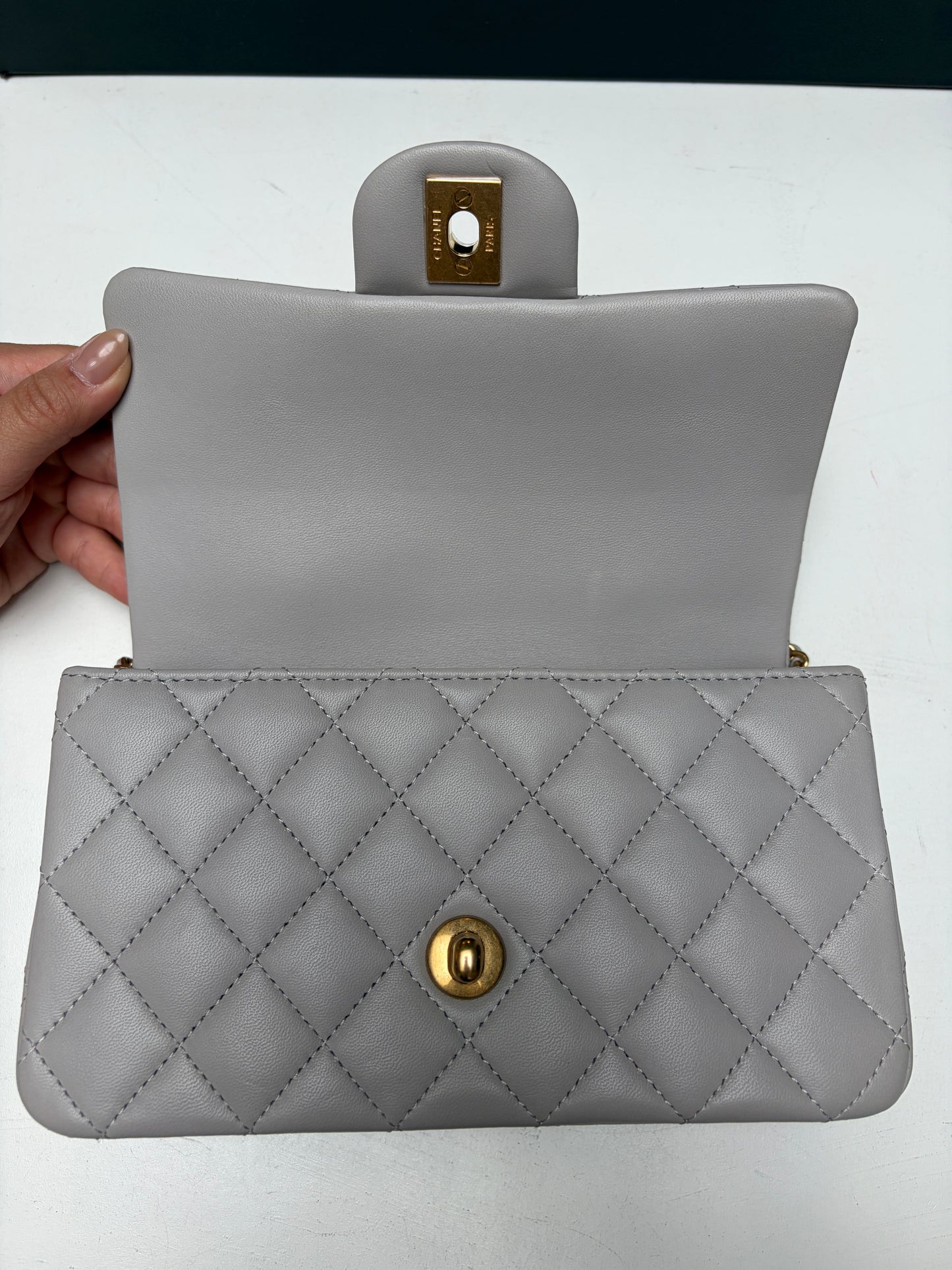 Chanel Light Grey Mini Flap COCO Mademoiselle Gold Hardware