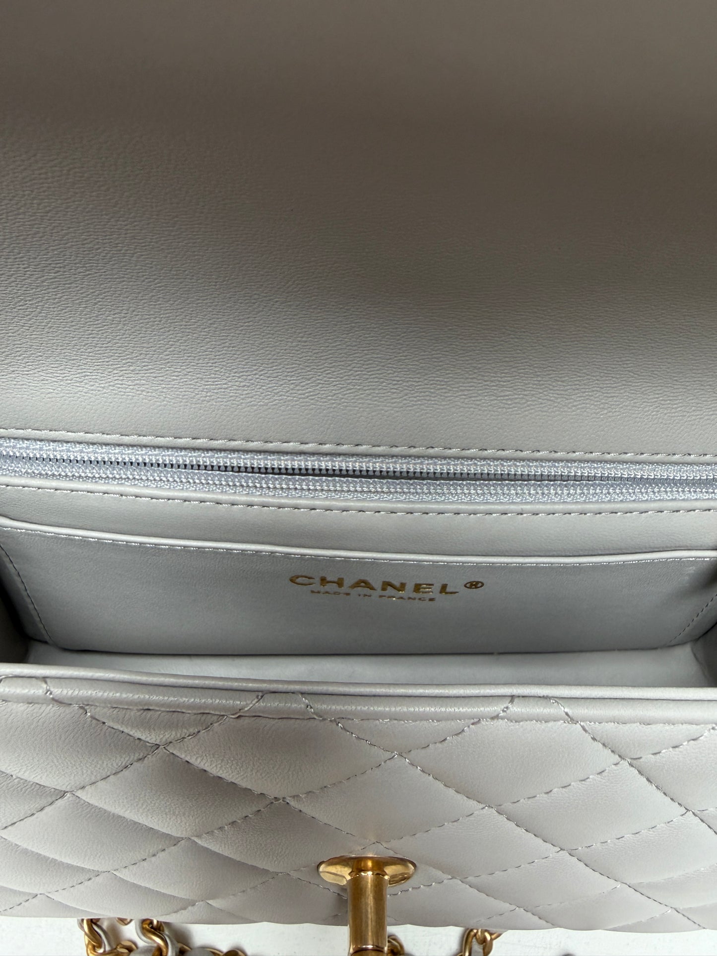 Chanel Light Grey Mini Flap COCO Mademoiselle Gold Hardware