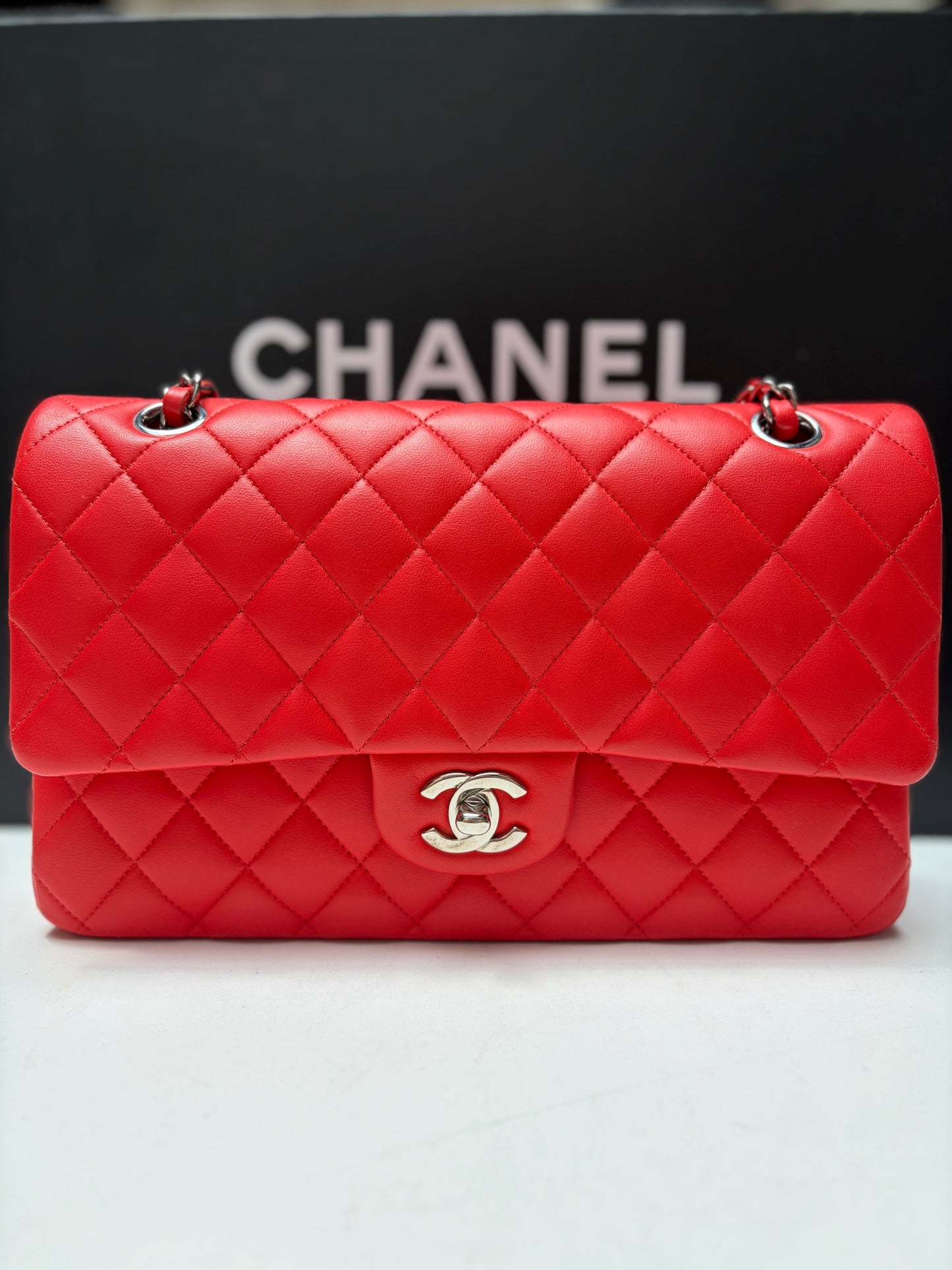 Chanel Red Classic Flap Bag Silver Hardware