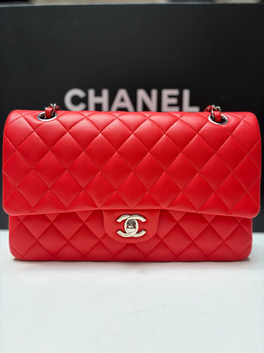 Chanel Red Classic Flap Bag Silver Hardware