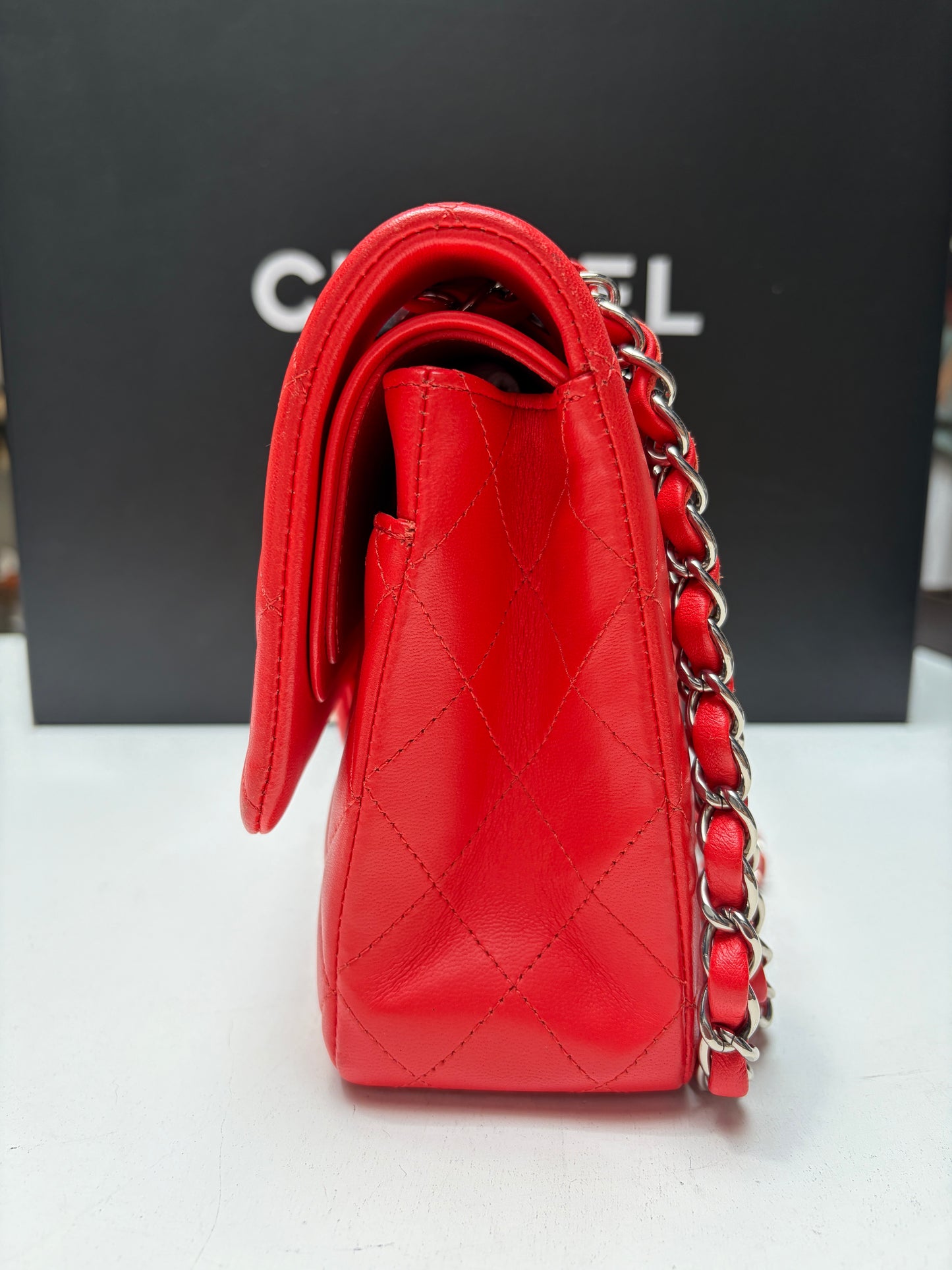 Chanel Red Classic Flap Bag Silver Hardware