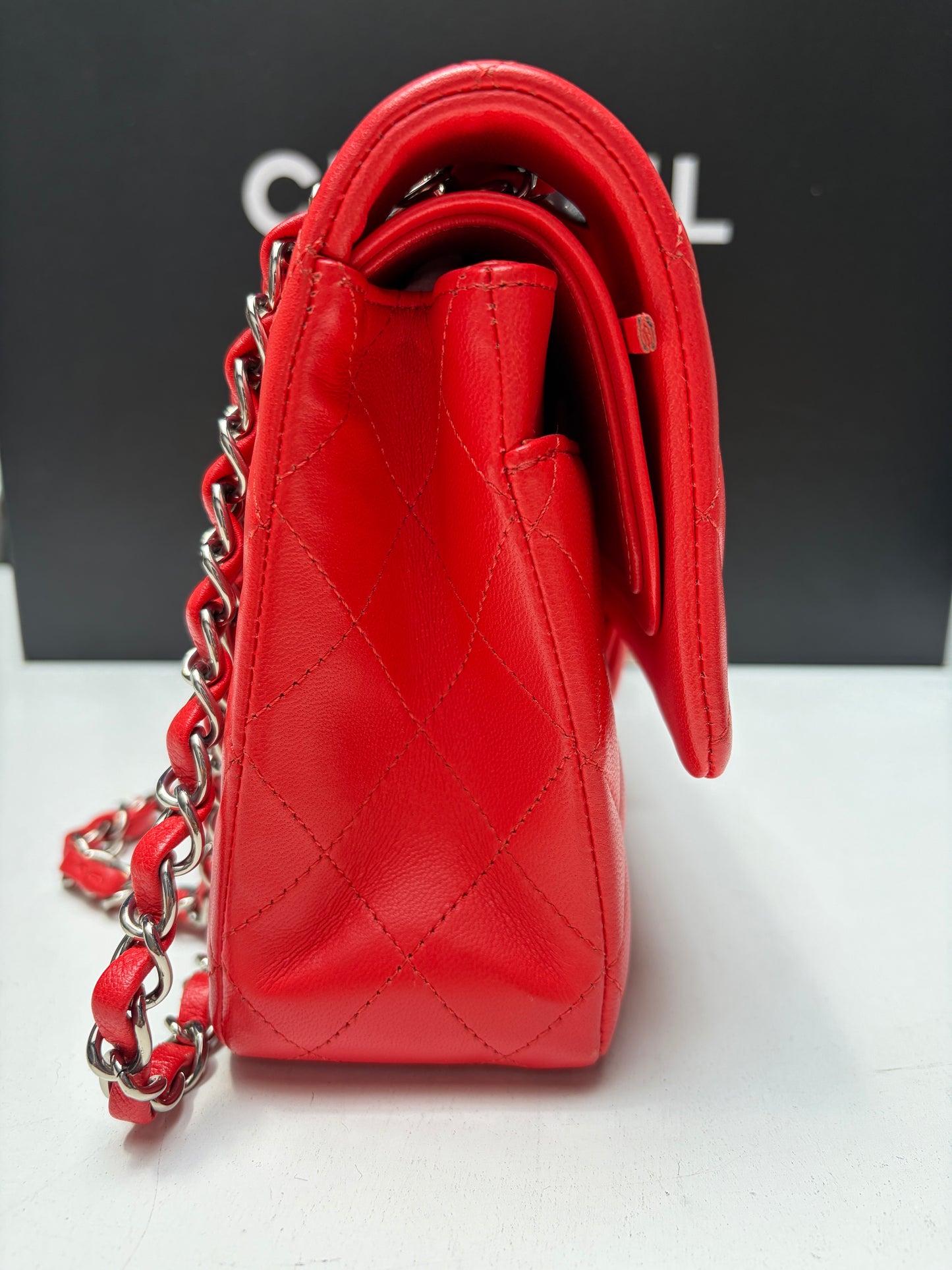 Chanel Red Classic Flap Bag Silver Hardware