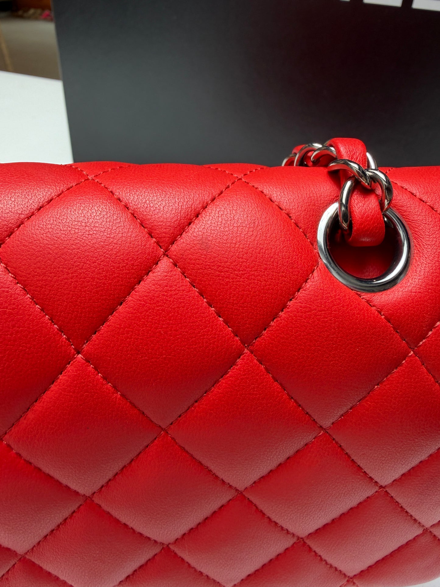 Chanel Red Classic Flap Bag Silver Hardware