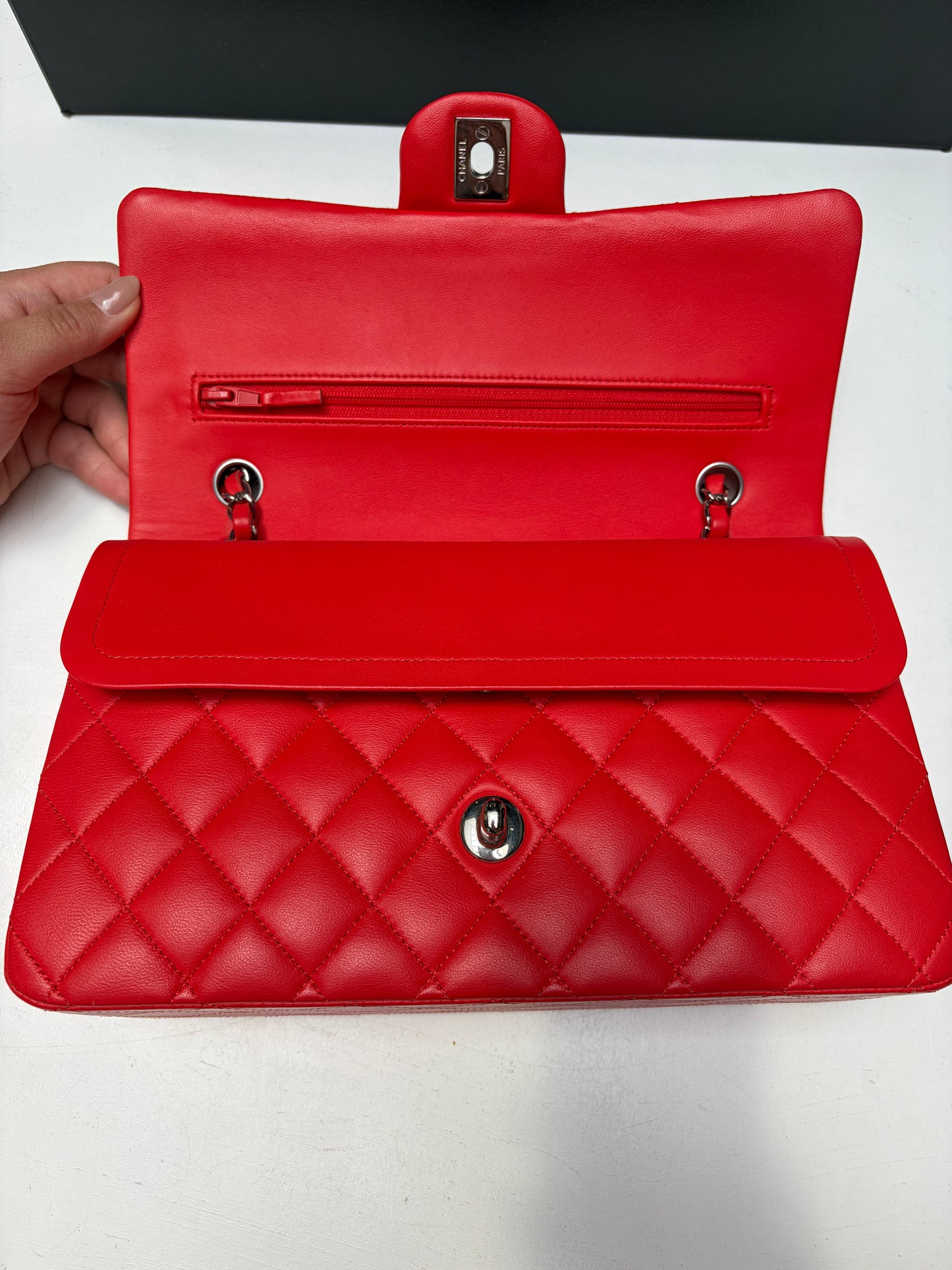 Chanel Red Classic Flap Bag Silver Hardware