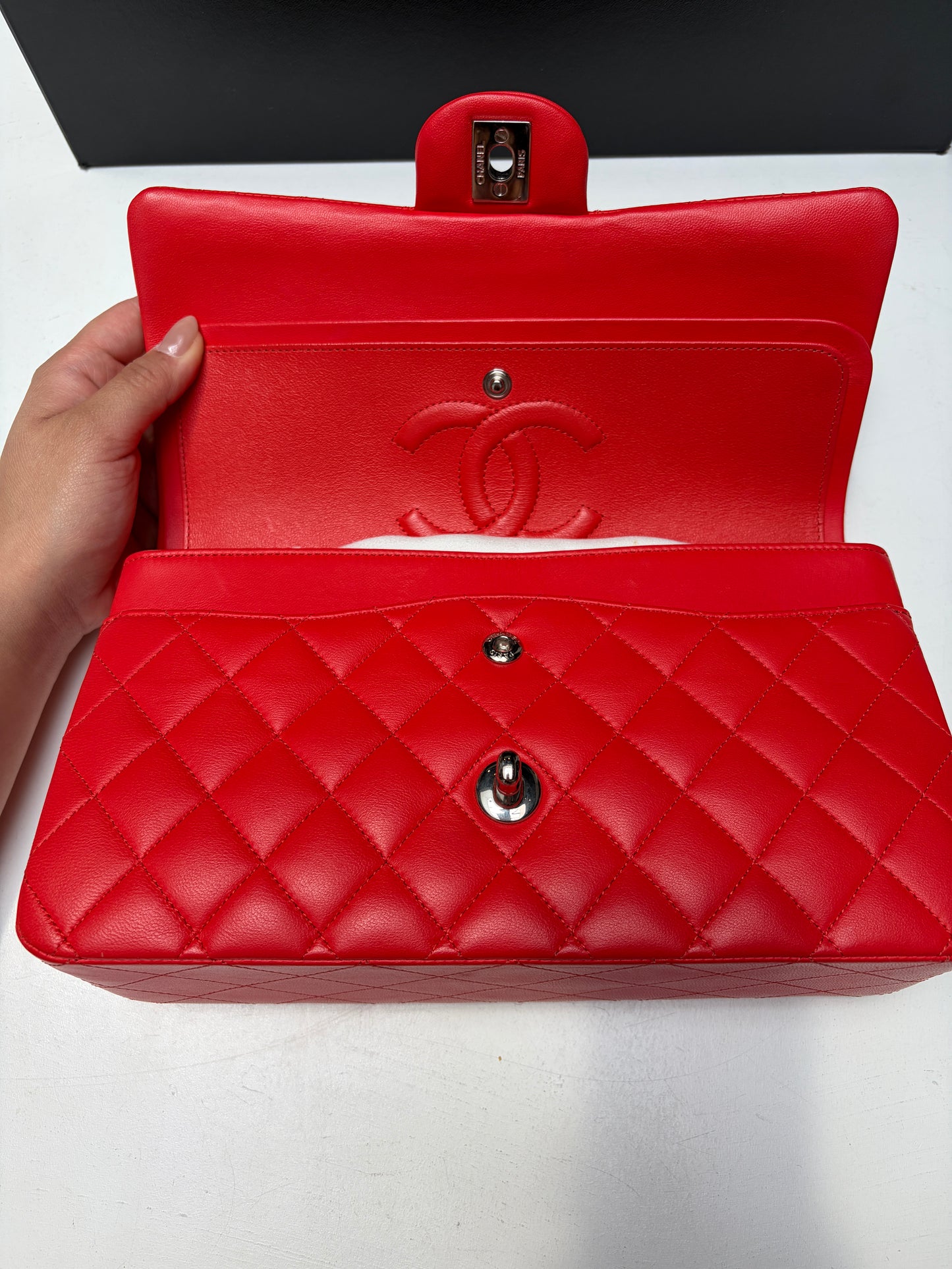 Chanel Red Classic Flap Bag Silver Hardware