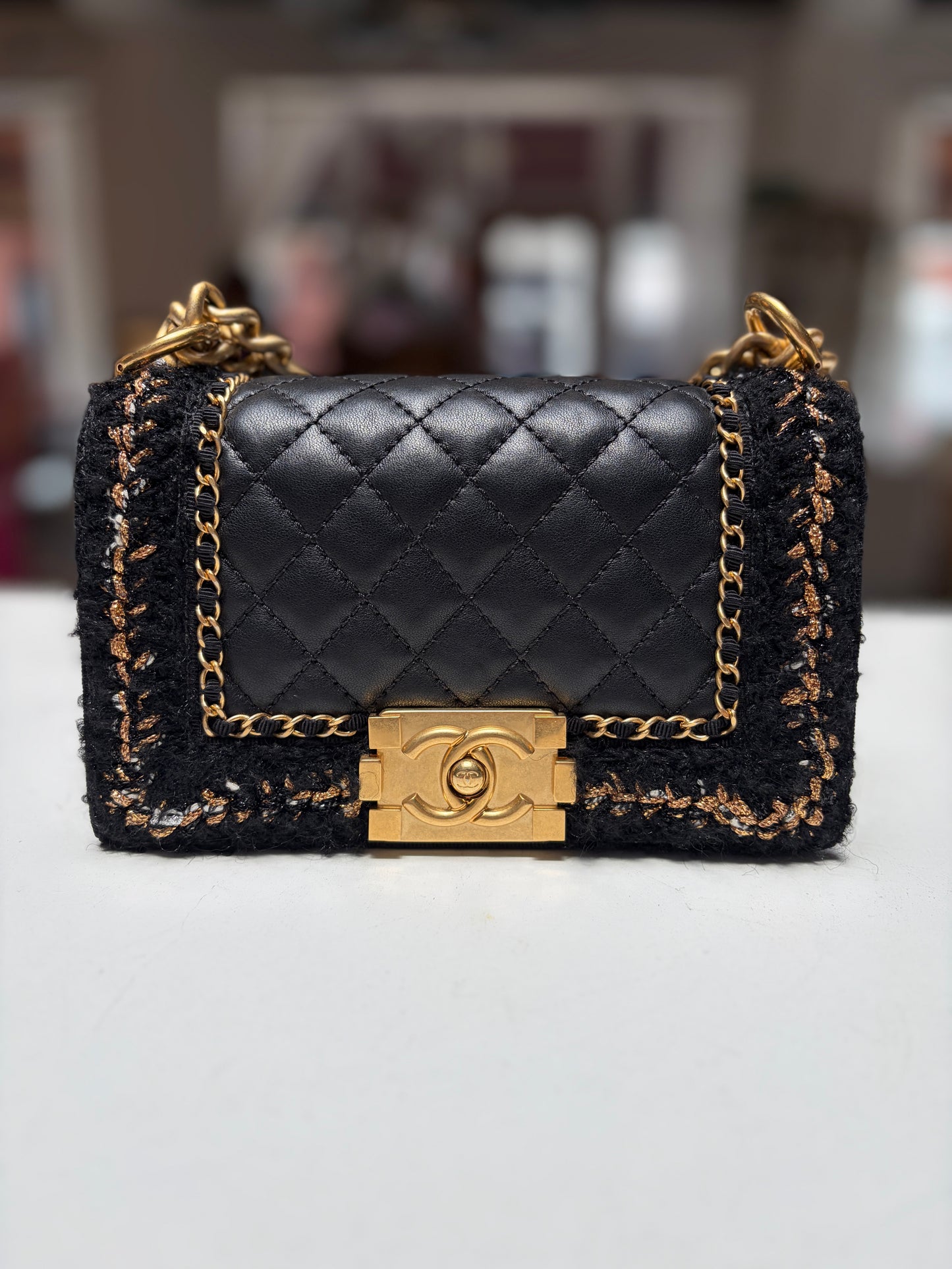 Chanel Jacket Boy Black Tweed Lambskin Quilted Braided