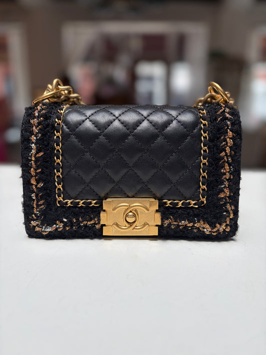 Chanel Jacket Boy Black Tweed Lambskin Quilted Braided