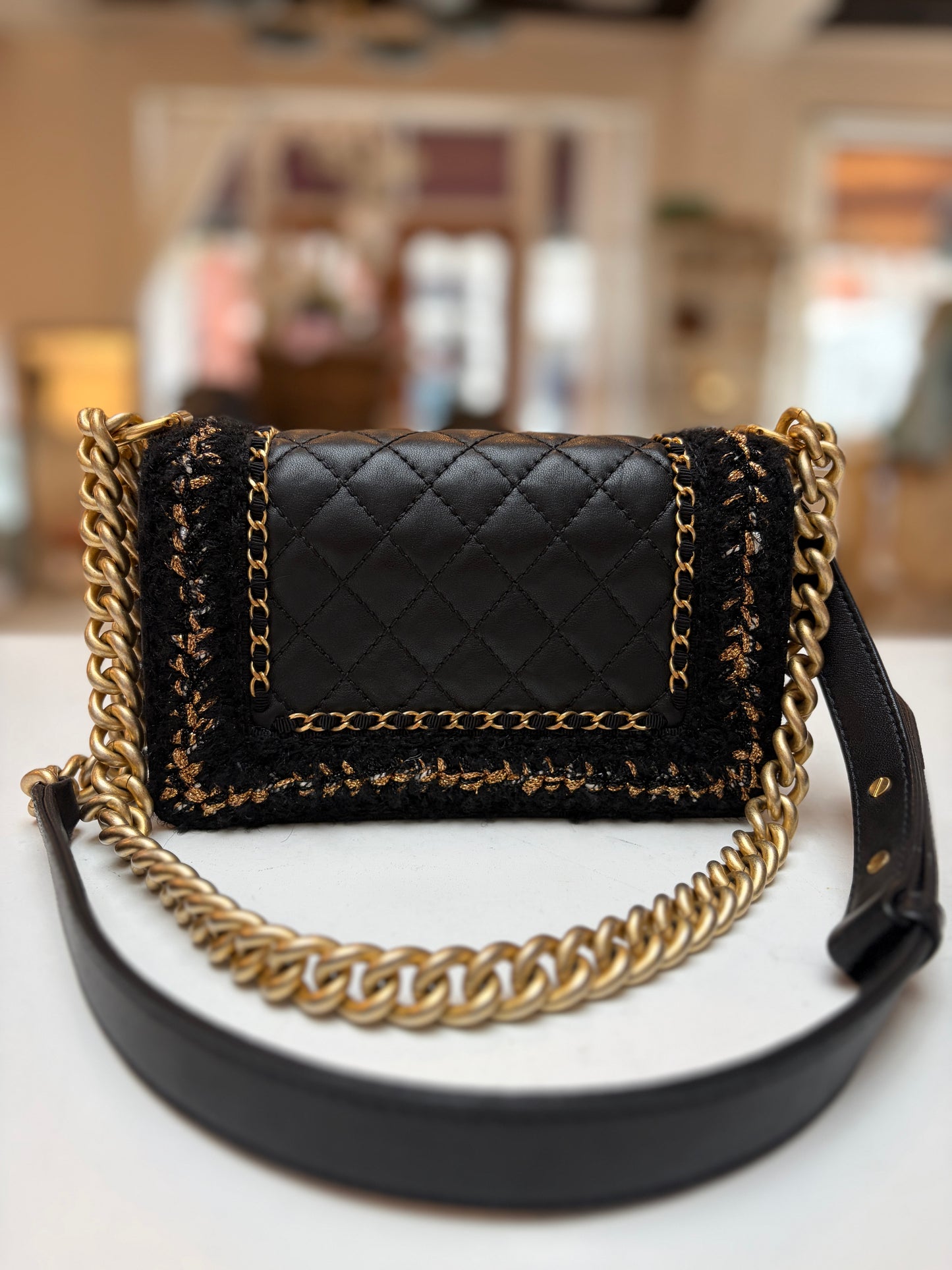 Chanel Jacket Boy Black Tweed Lambskin Quilted Braided