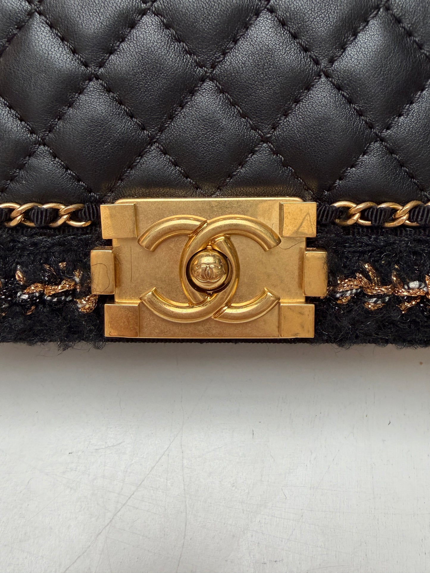 Chanel Jacket Boy Black Tweed Lambskin Quilted Braided