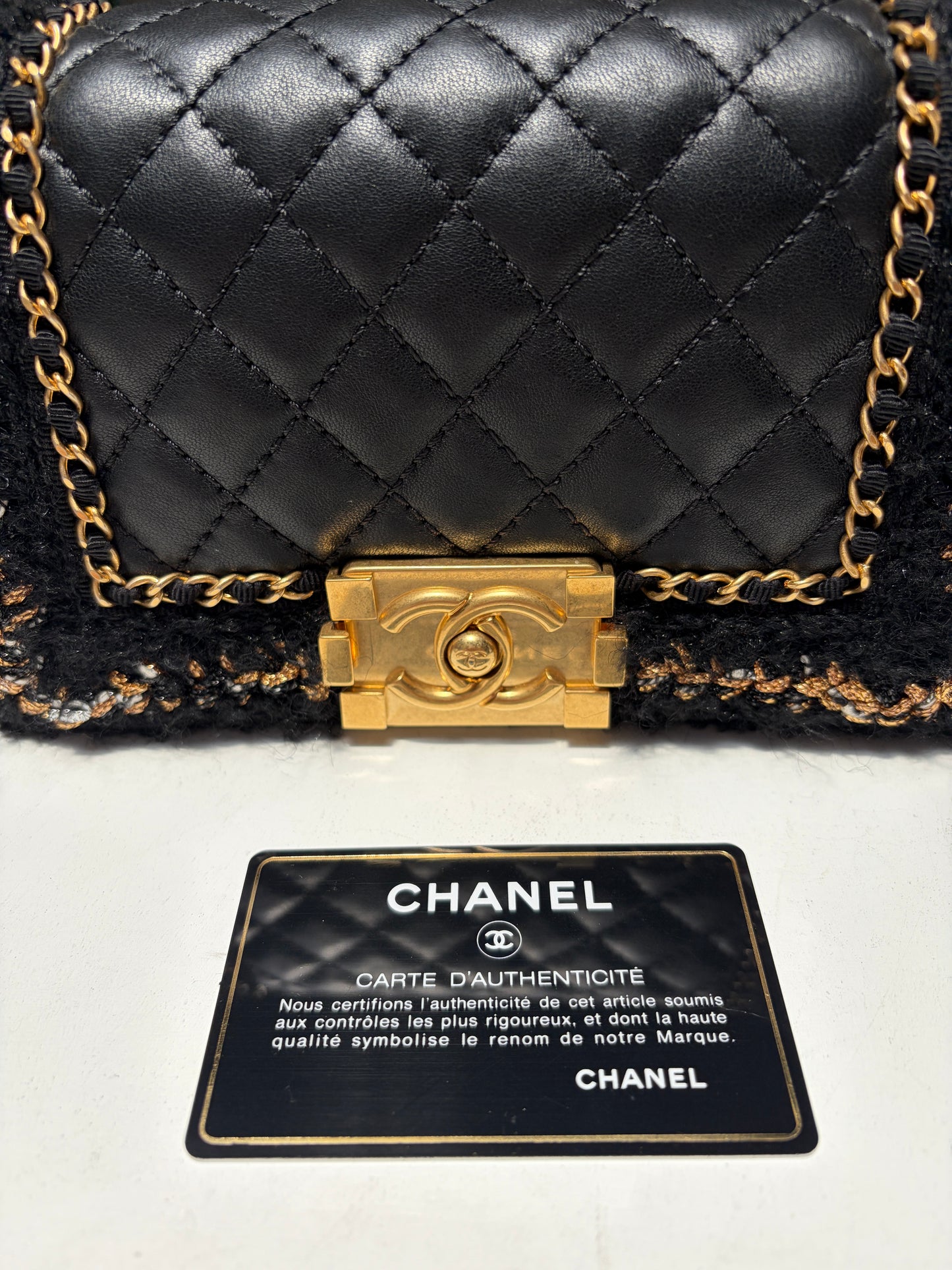 Chanel Jacket Boy Black Tweed Lambskin Quilted Braided