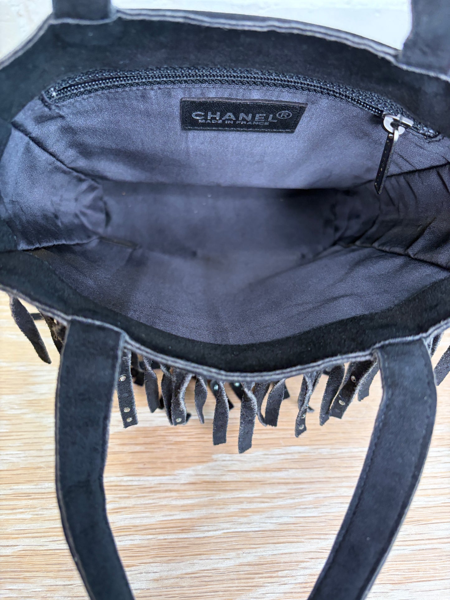 Chanel Mini Black Suede Fringe Rhinestone Tote