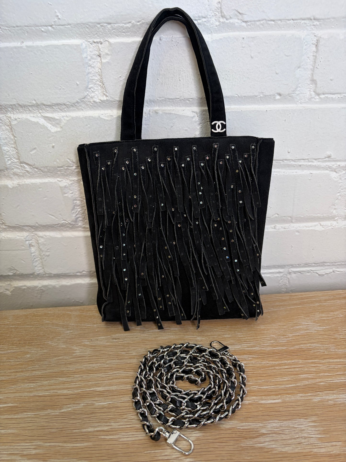 Chanel Mini Black Suede Fringe Rhinestone Tote