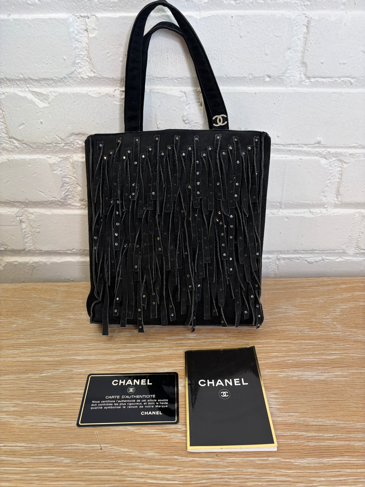 Chanel Mini Black Suede Fringe Rhinestone Tote