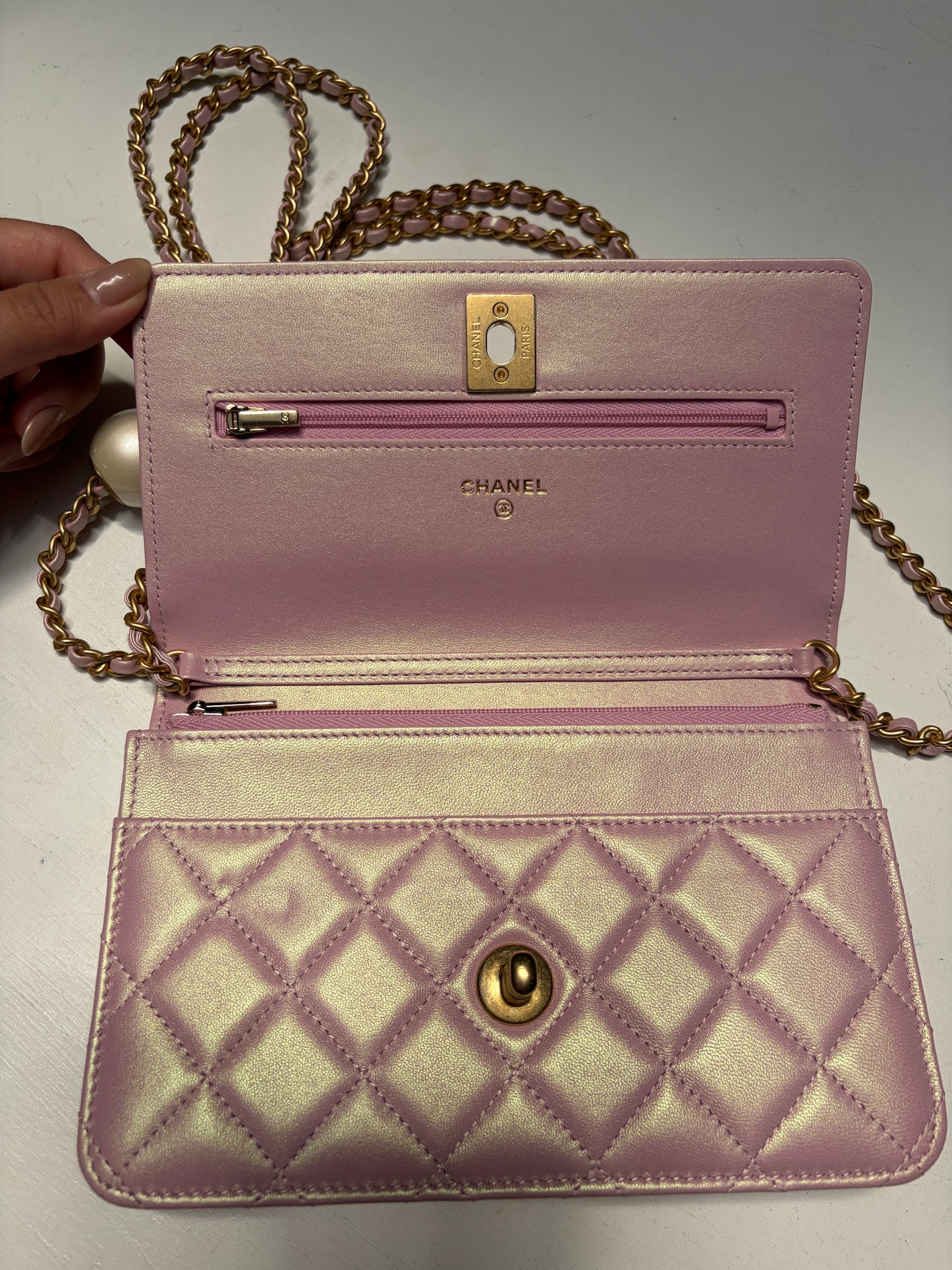 Chanel Light Iridescent Pink Wallet on Chain Pearl Crush