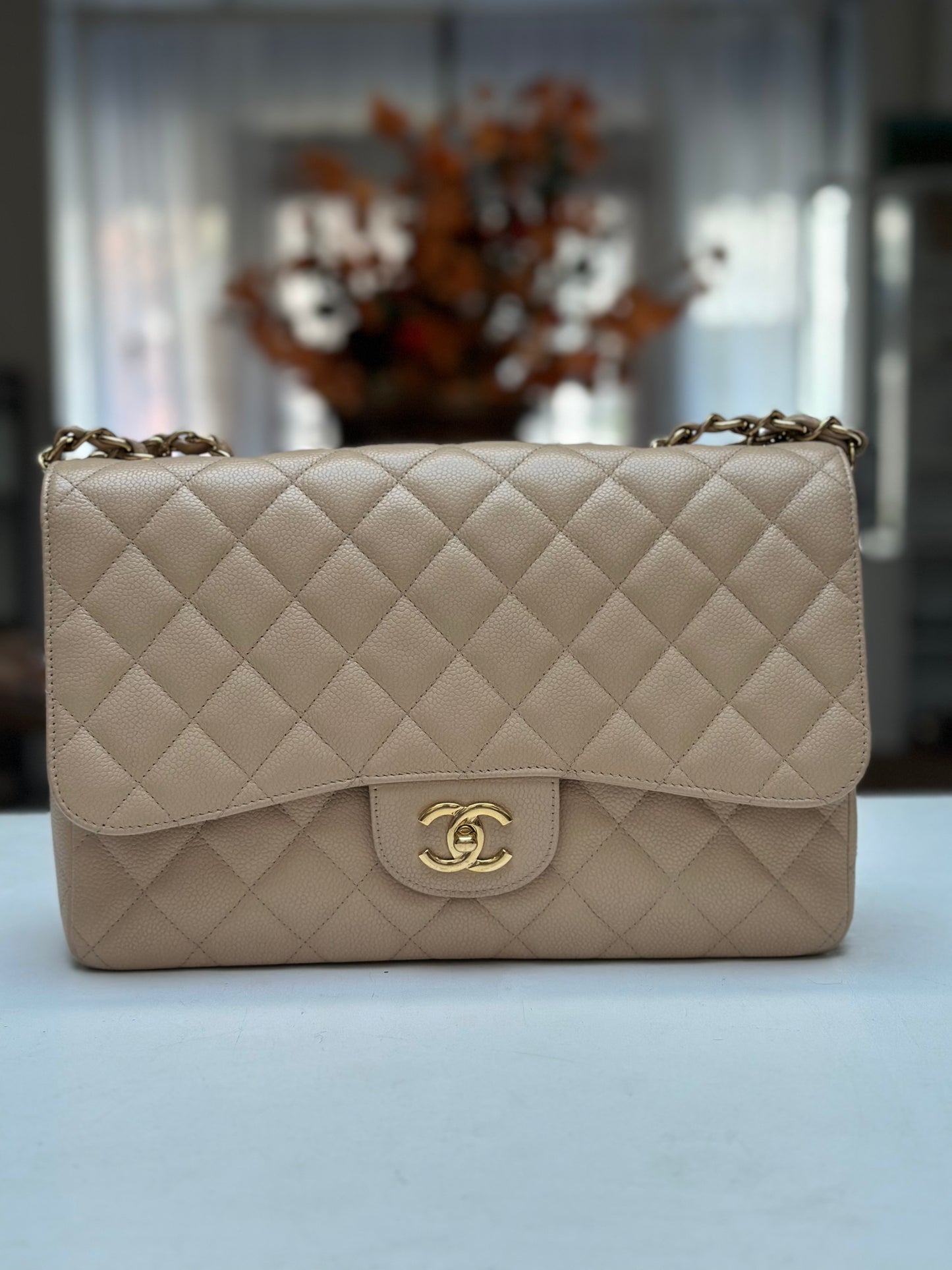 Chanel Classic Flap Jumbo, Beige Caviar Leather