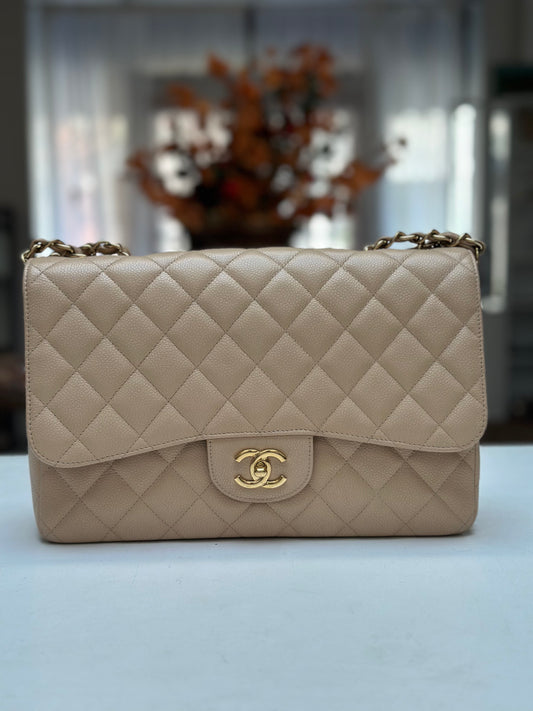 Chanel Classic Flap Jumbo, Beige Caviar Leather