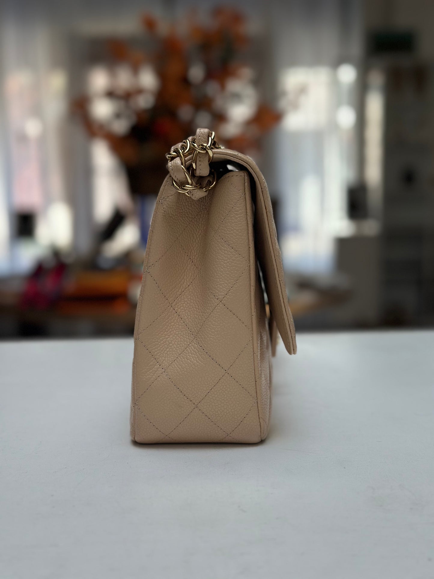 Chanel Classic Flap Jumbo, Beige Caviar Leather