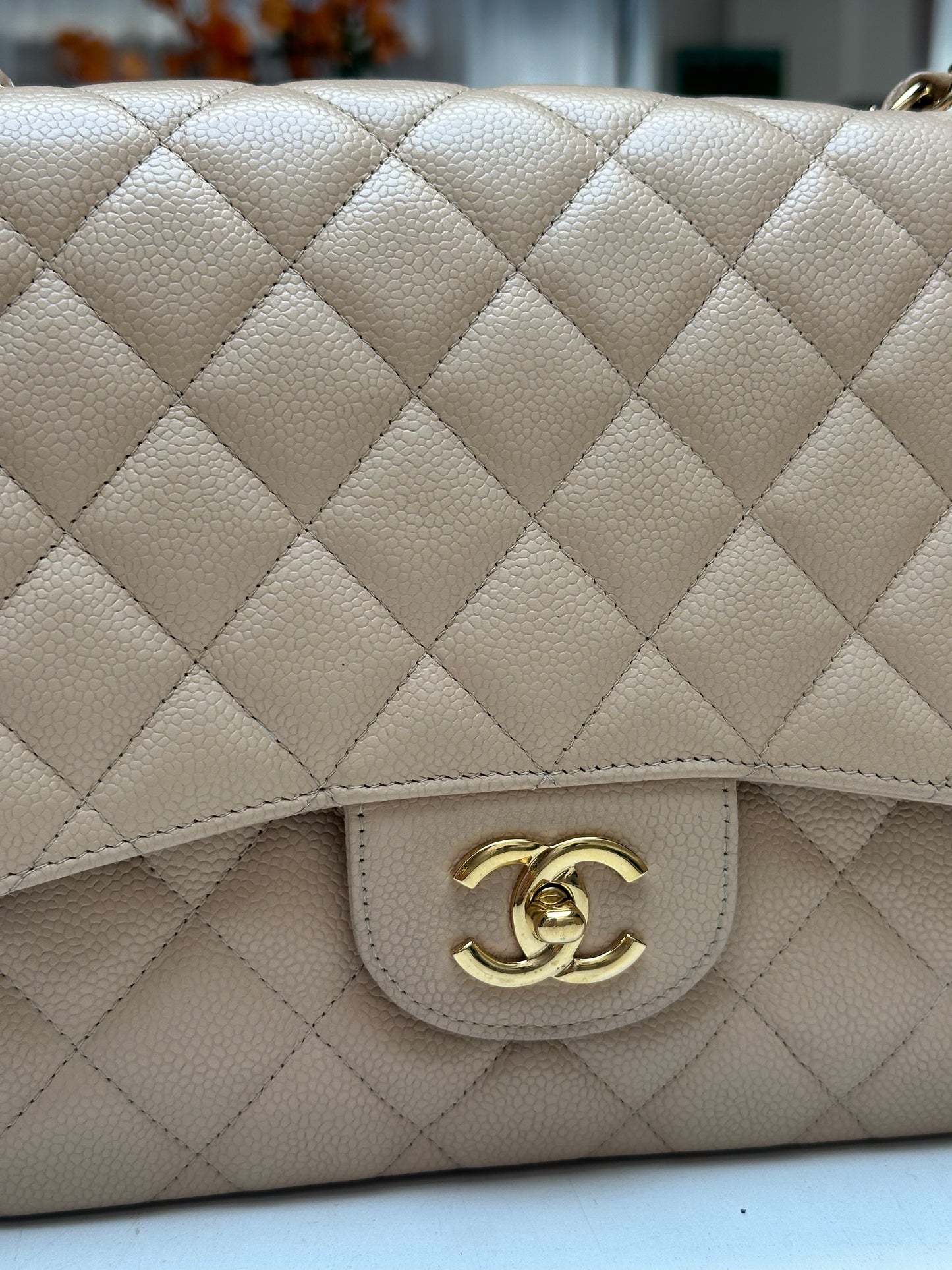 Chanel Classic Flap Jumbo, Beige Caviar Leather