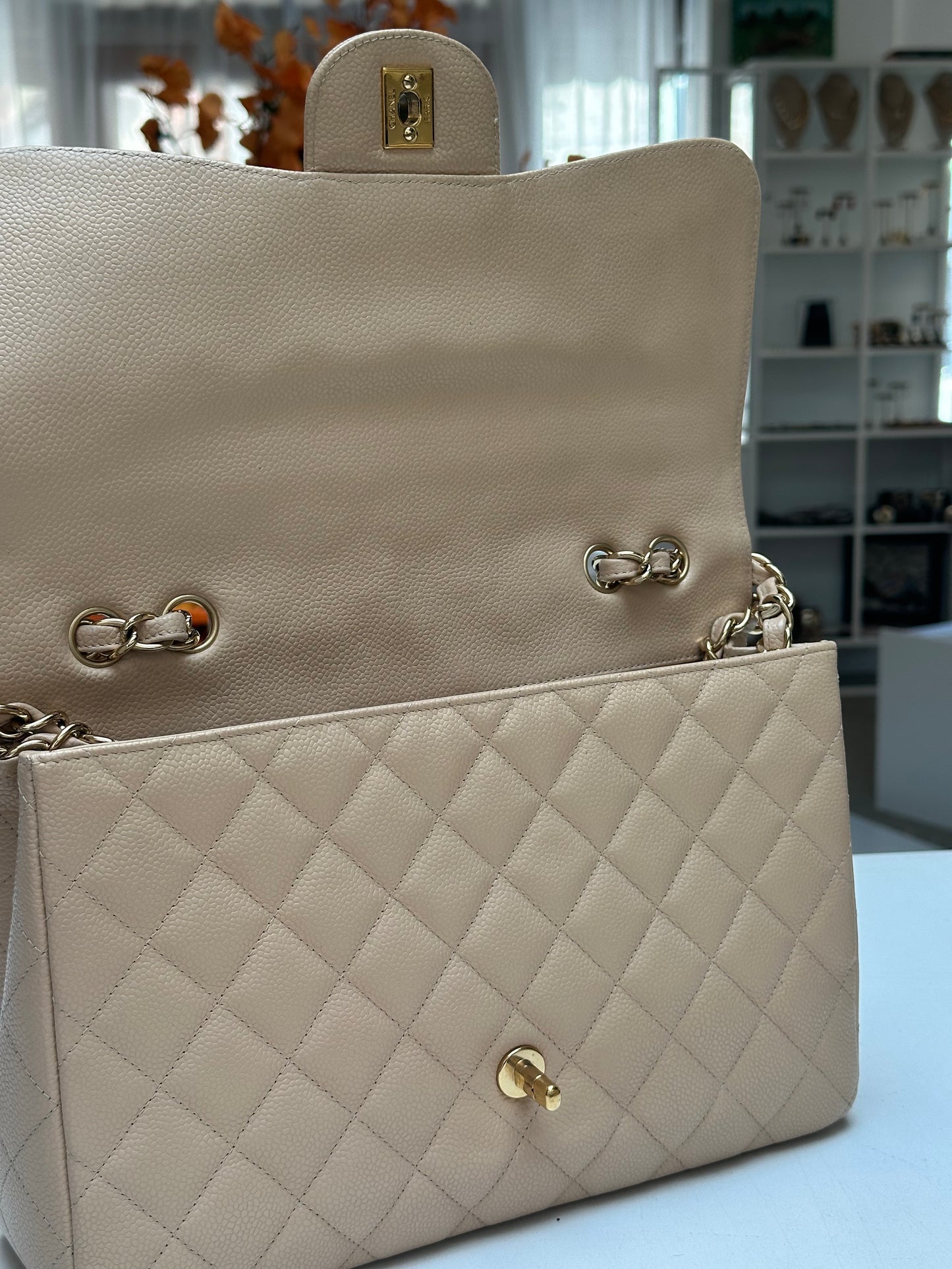 Chanel Classic Flap Jumbo, Beige Caviar Leather