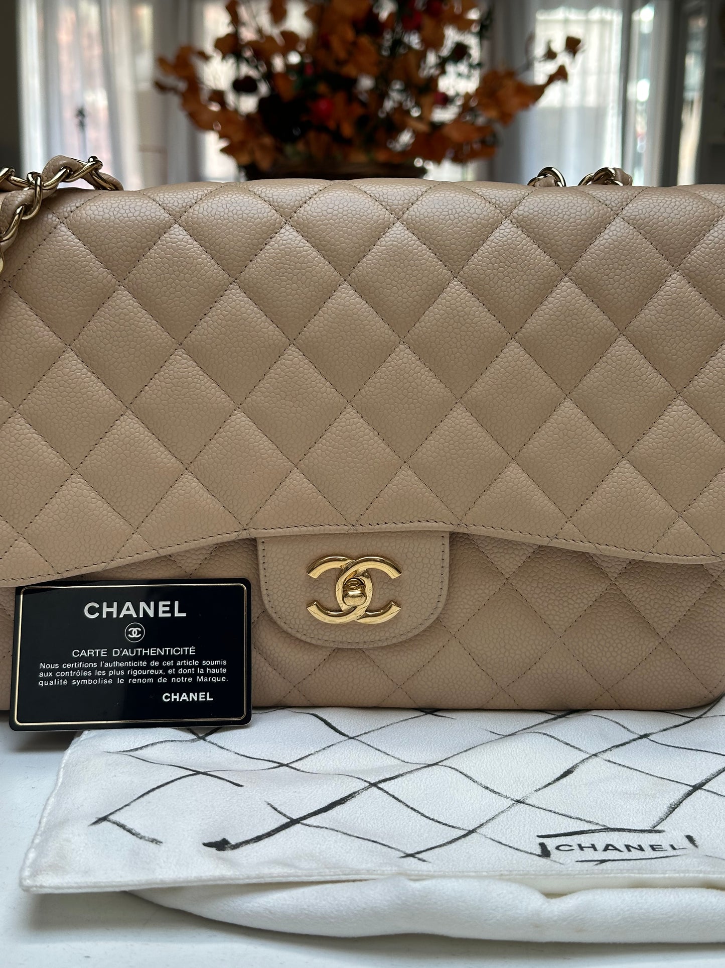 Chanel Classic Flap Jumbo, Beige Caviar Leather