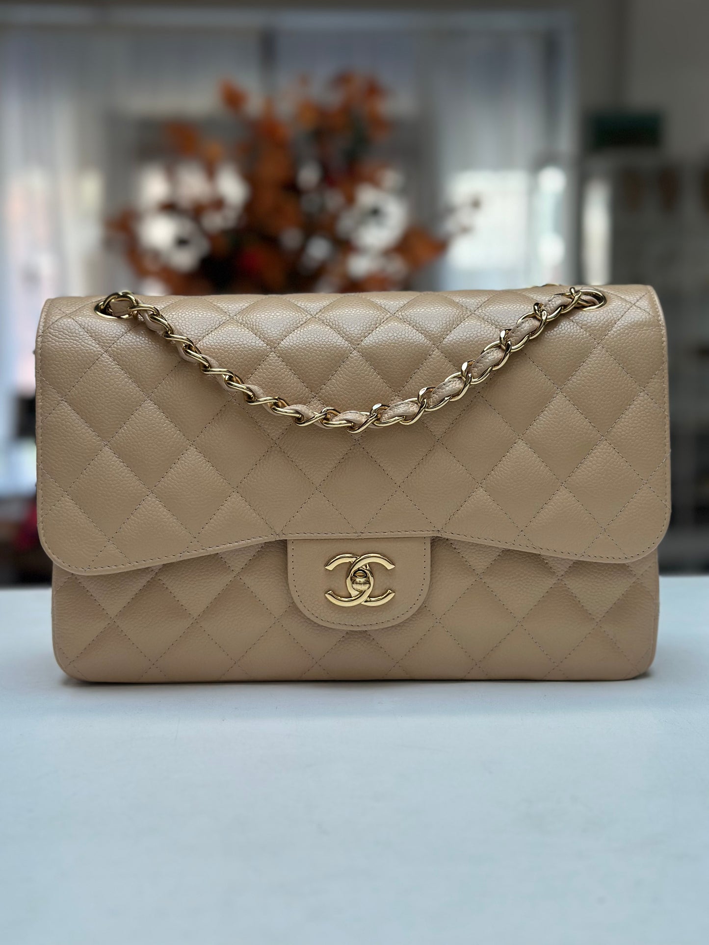 Chanel Classic Double Flap Jumbo, Beige Caviar Leather