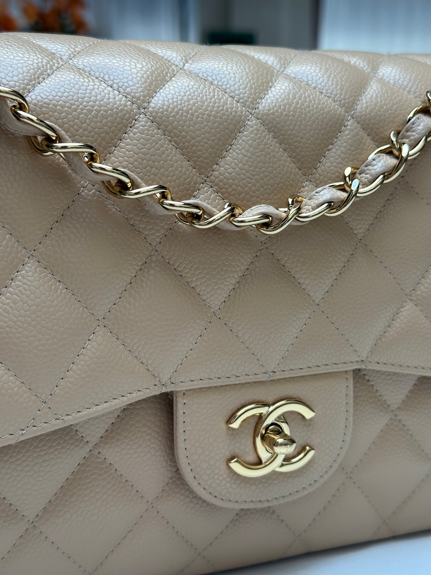 Chanel Classic Double Flap Jumbo, Beige Caviar Leather