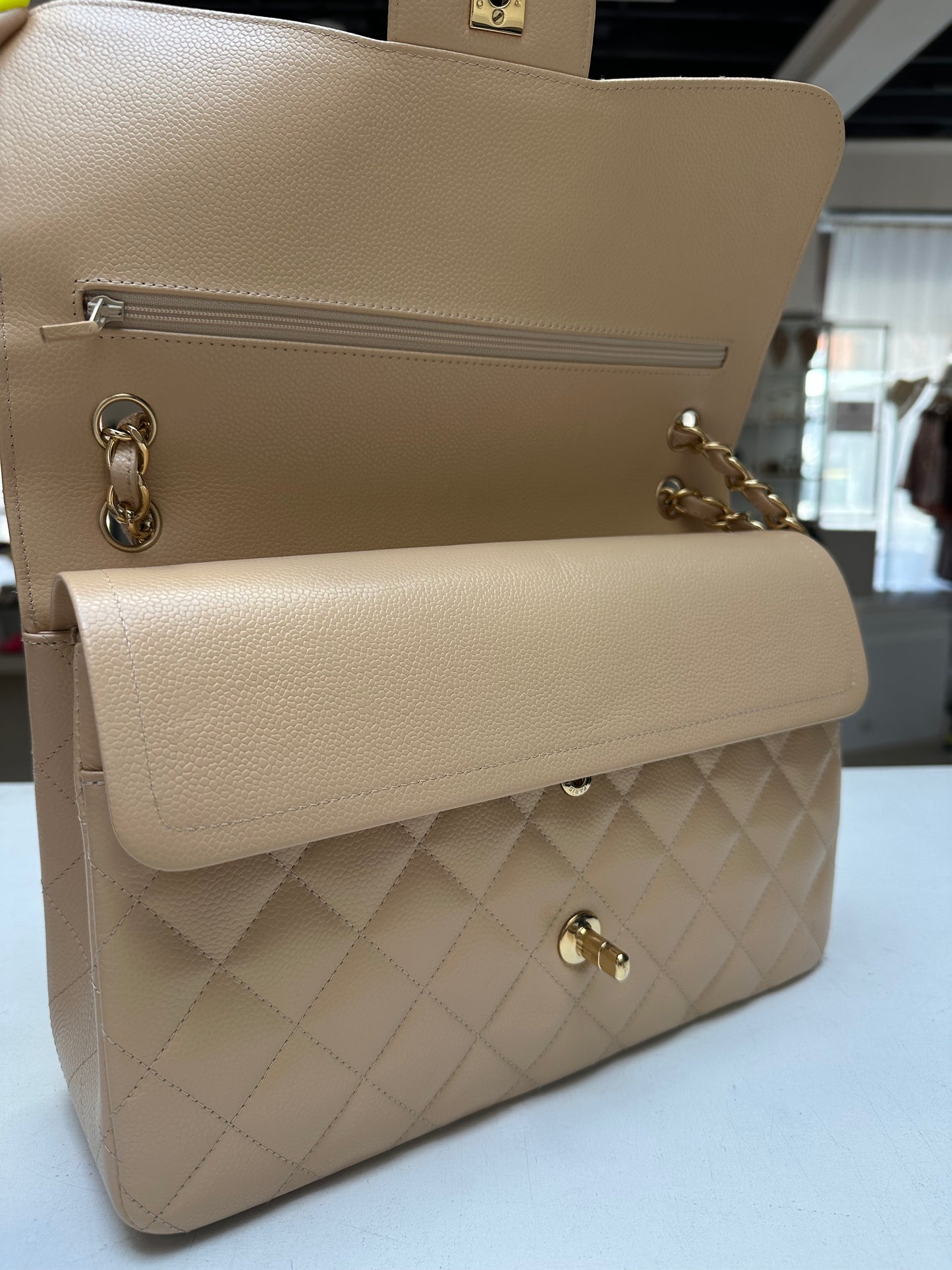 Chanel Classic Double Flap Jumbo, Beige Caviar Leather