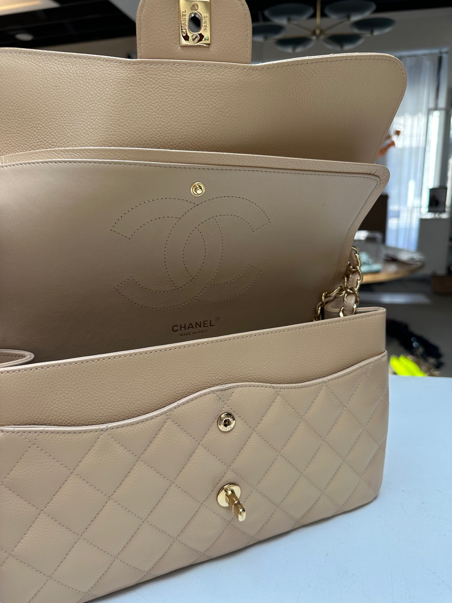 Chanel Classic Double Flap Jumbo, Beige Caviar Leather
