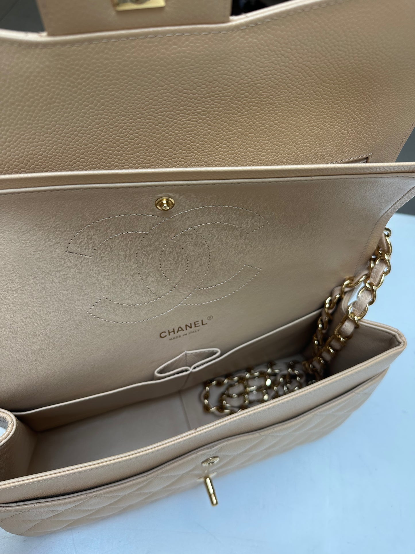 Chanel Classic Double Flap Jumbo, Beige Caviar Leather