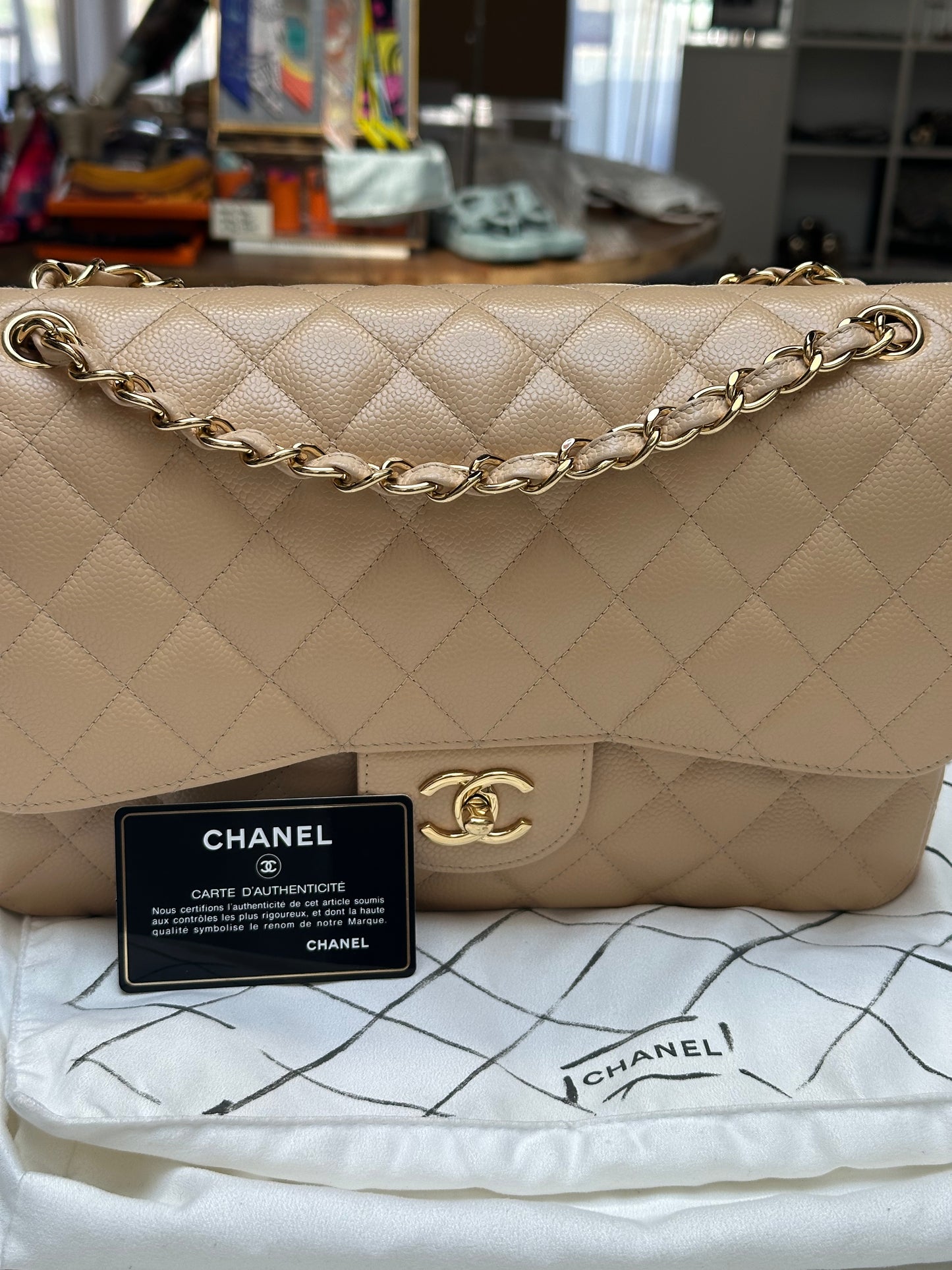 Chanel Classic Double Flap Jumbo, Beige Caviar Leather