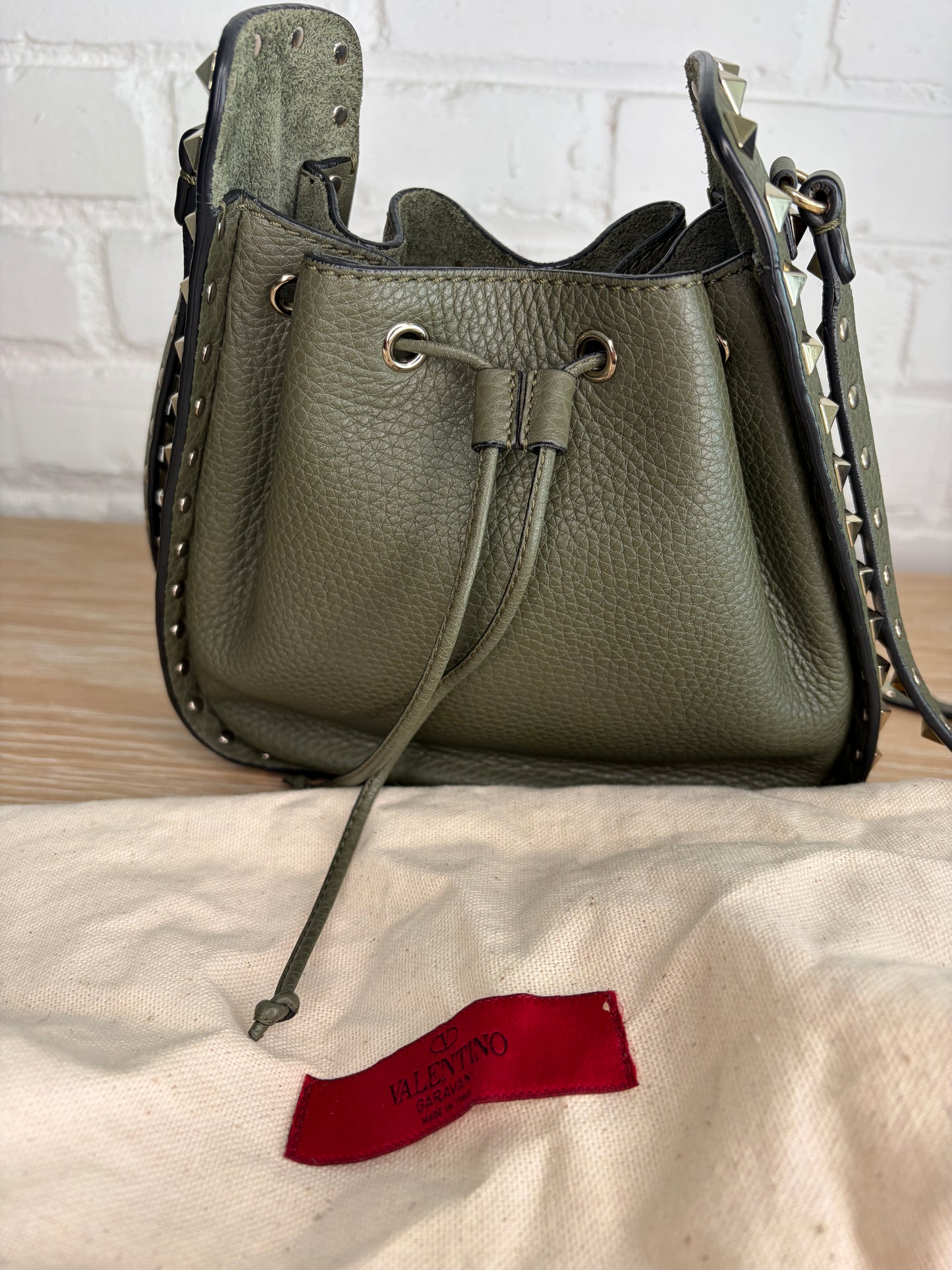 SOLD Valentino Garavani Rockstud Small Bucket Crossbody Green