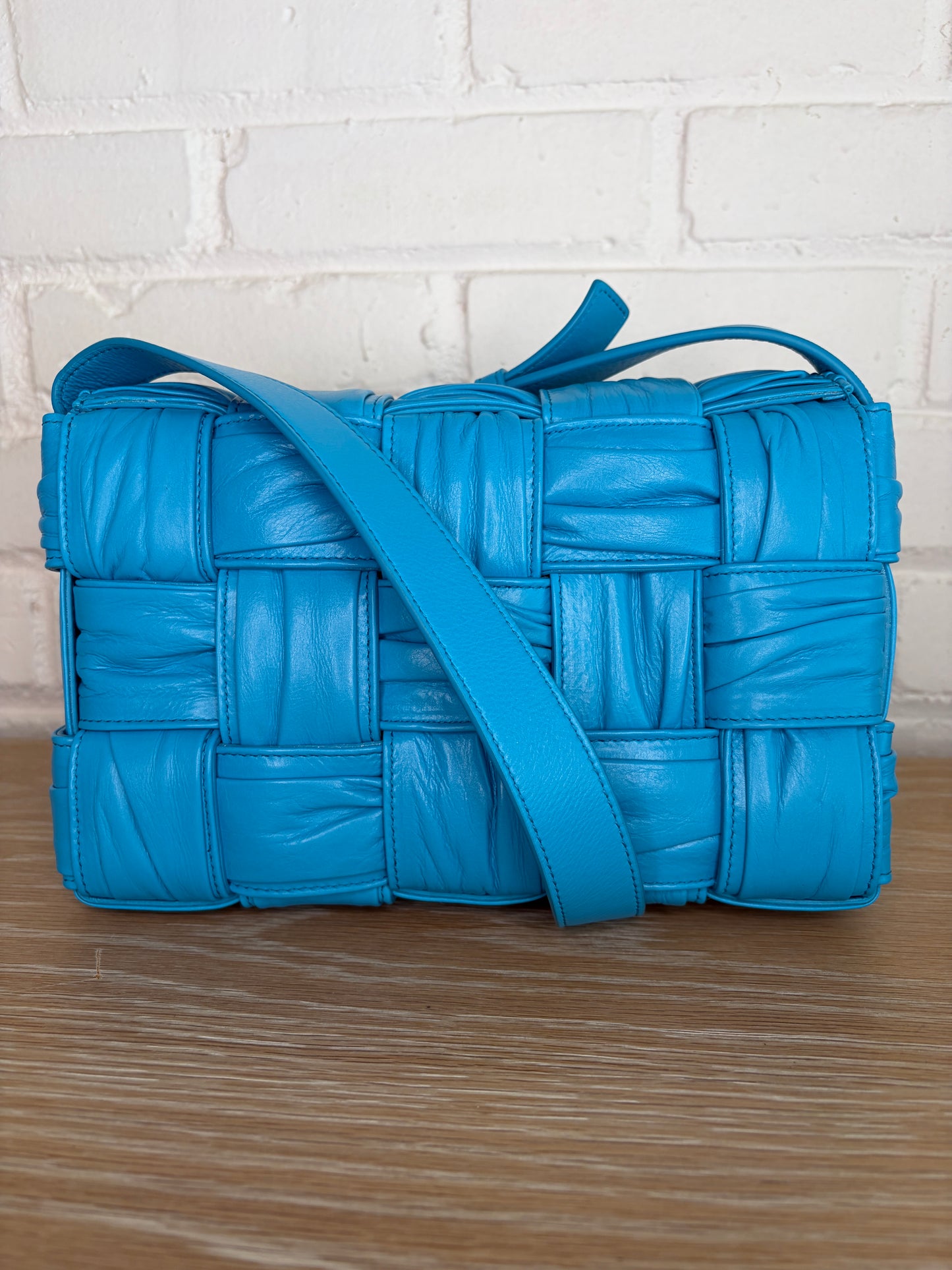 Bottega Veneta Intreccio Plisse Cassette Crossbody Bag Aqua/Blue