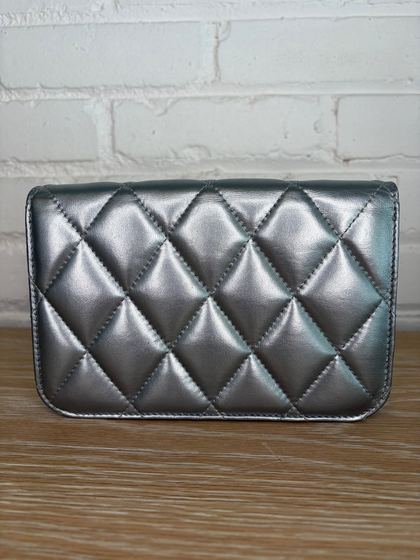 Balenciaga B Wallet on Chain Quilted Metallic LeatherPuffer Silver