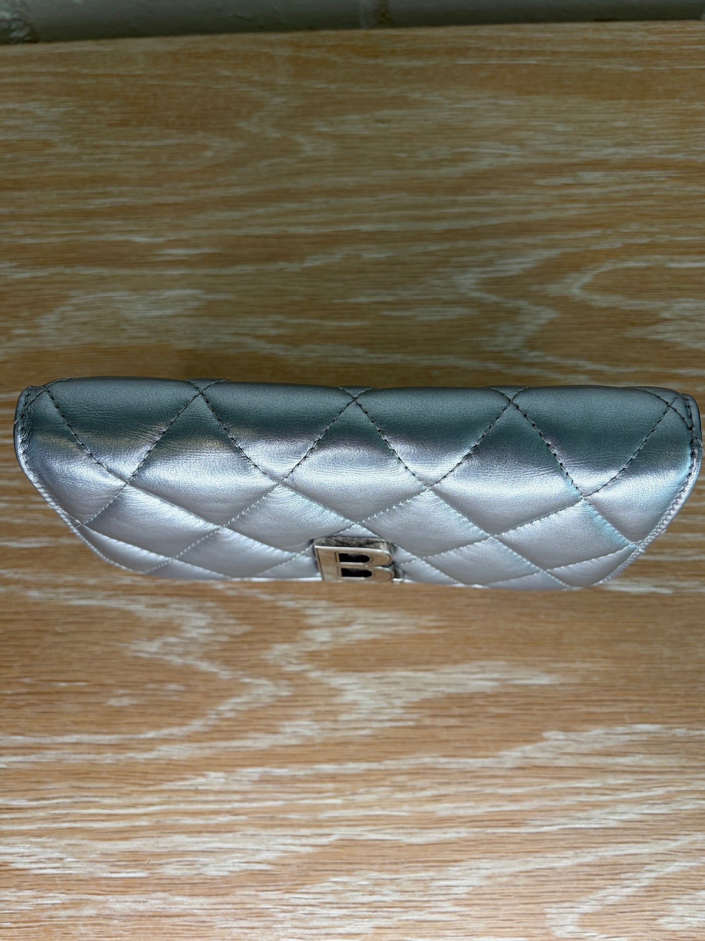 Balenciaga B Wallet on Chain Quilted Metallic LeatherPuffer Silver