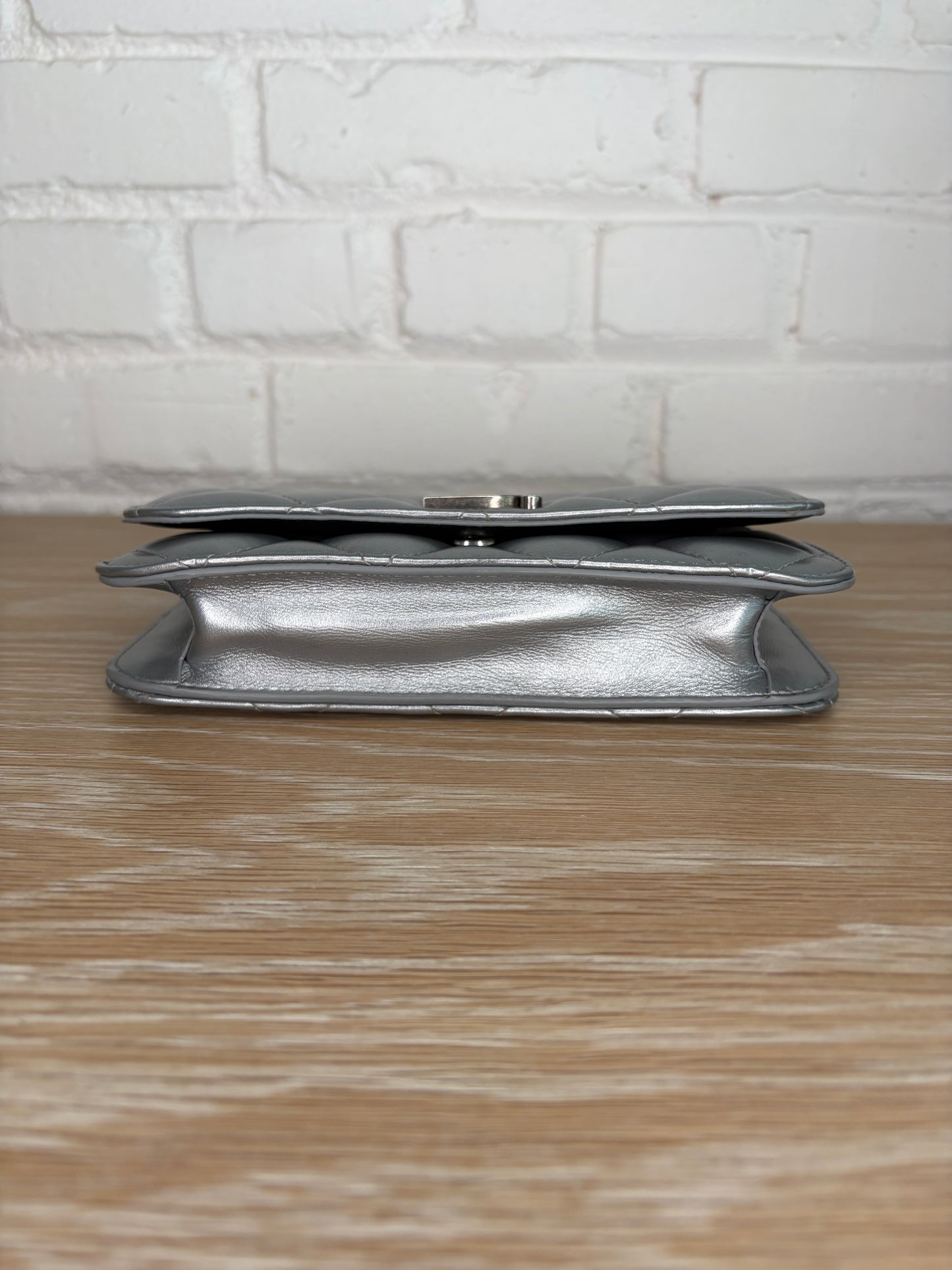 Balenciaga B Wallet on Chain Quilted Metallic LeatherPuffer Silver