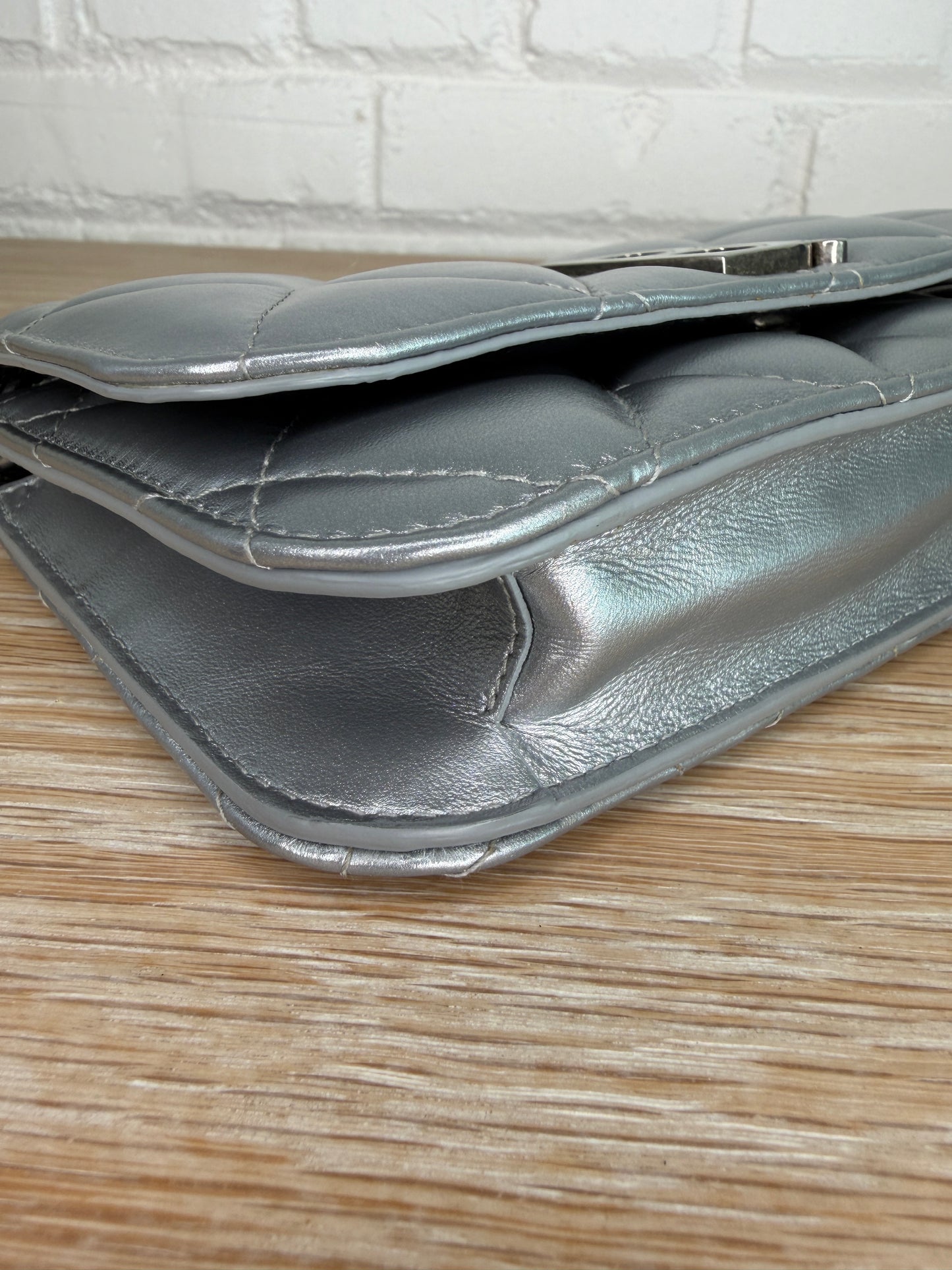 Balenciaga B Wallet on Chain Quilted Metallic LeatherPuffer Silver