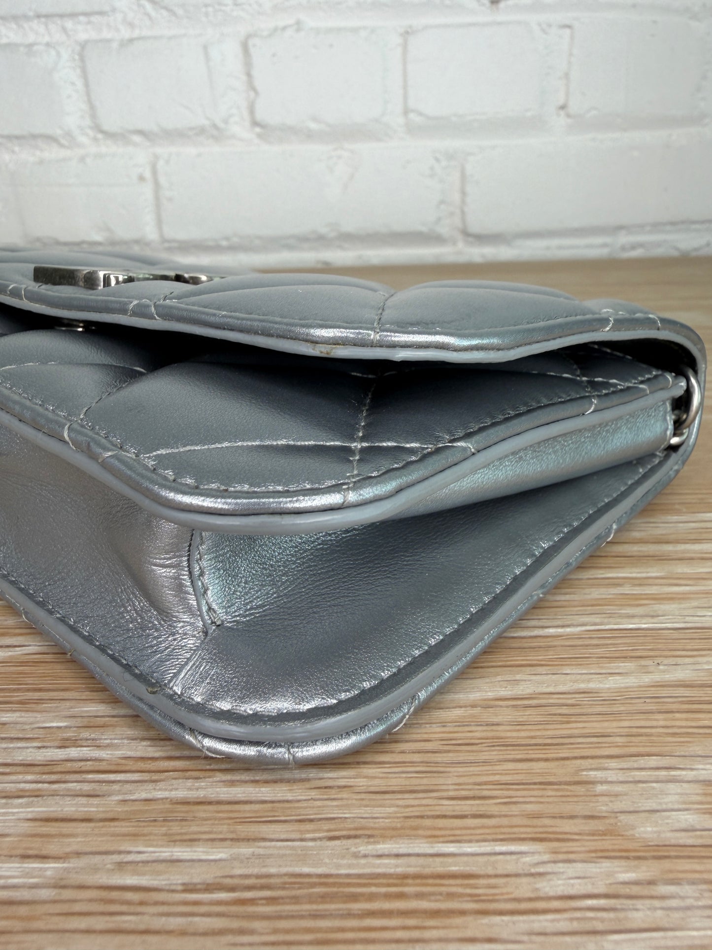 Balenciaga B Wallet on Chain Quilted Metallic LeatherPuffer Silver