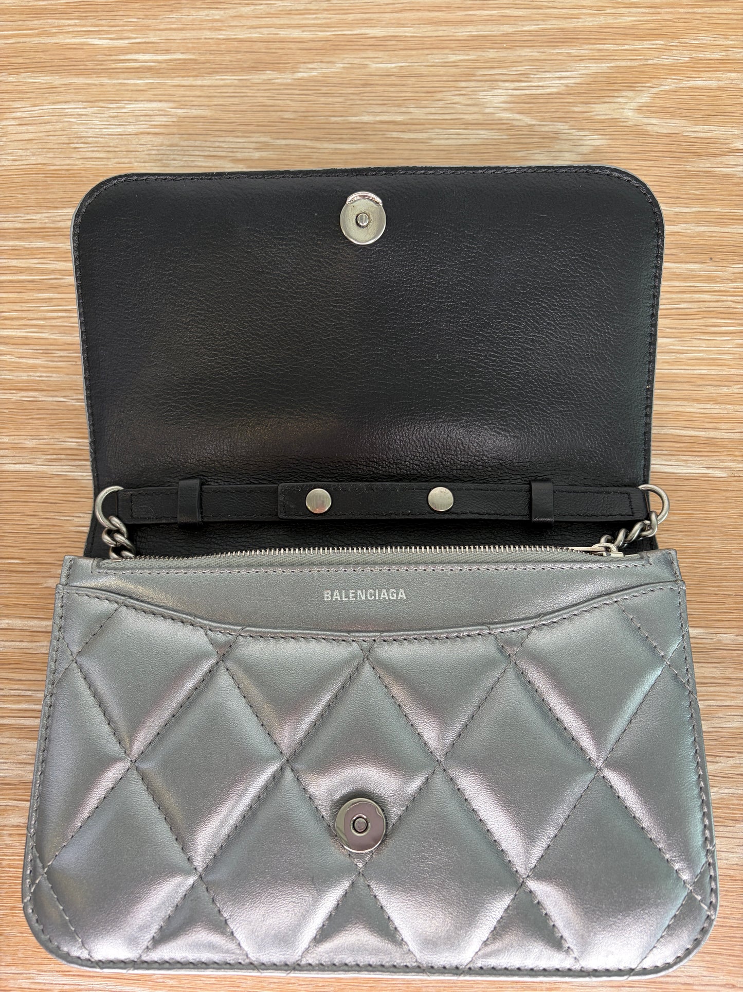 Balenciaga B Wallet on Chain Quilted Metallic LeatherPuffer Silver