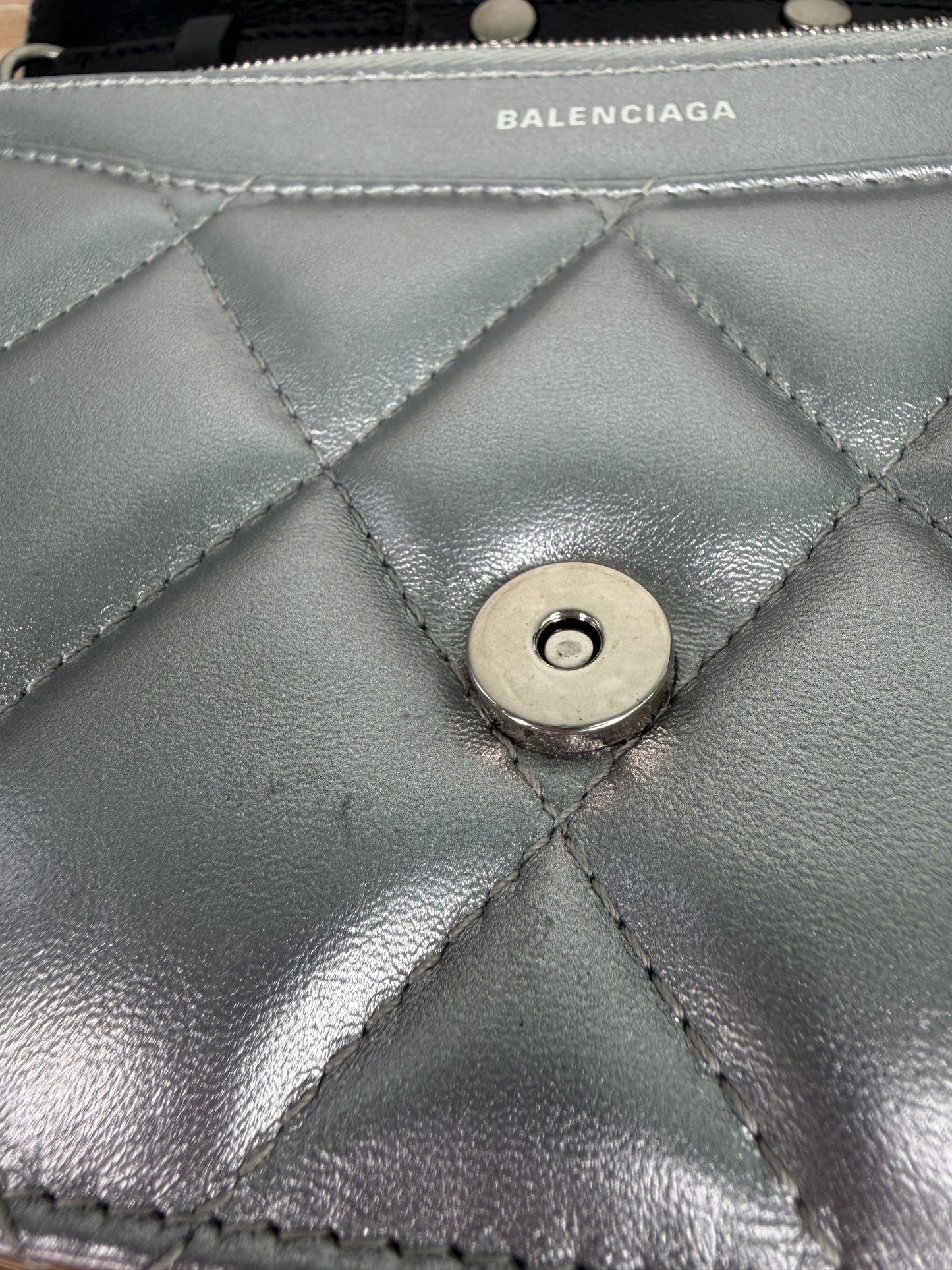 Balenciaga B Wallet on Chain Quilted Metallic LeatherPuffer Silver